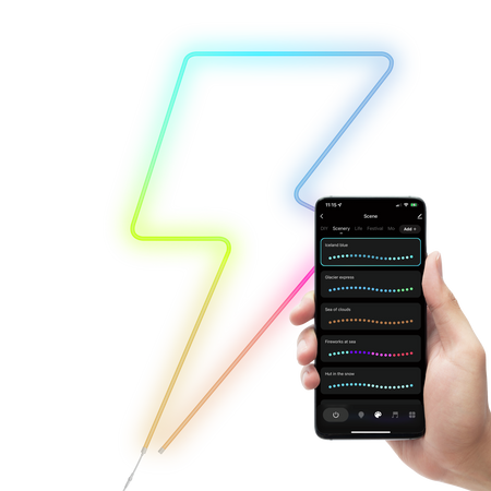 Neonowy znak w kształcie błyskawicy i telefon wyświetlający opcje sterowania.