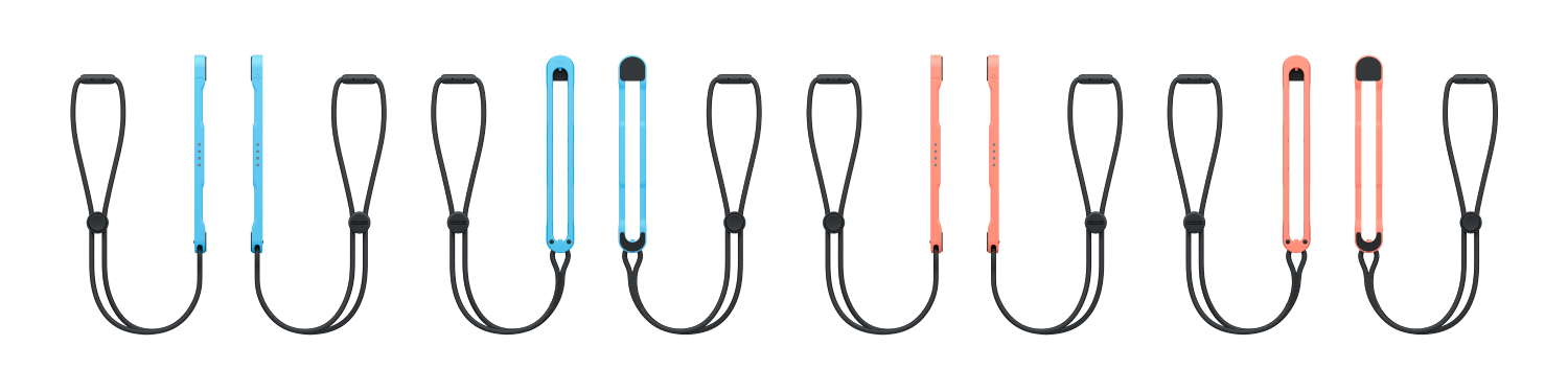 Múltiples correas de controlador para una consola de juegos. Diferentes colores: azul y rojo.