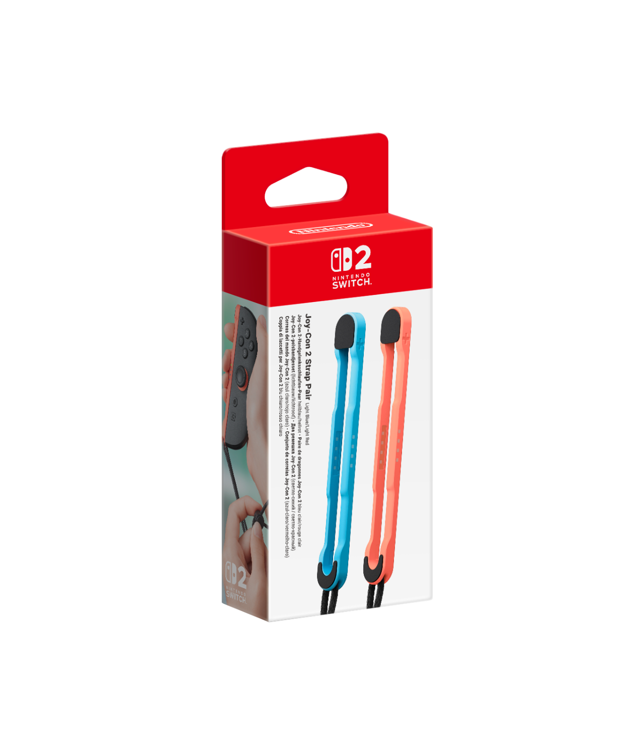 Par de correas Joy-Con de Nintendo Switch rojas y blancas en una caja roja.