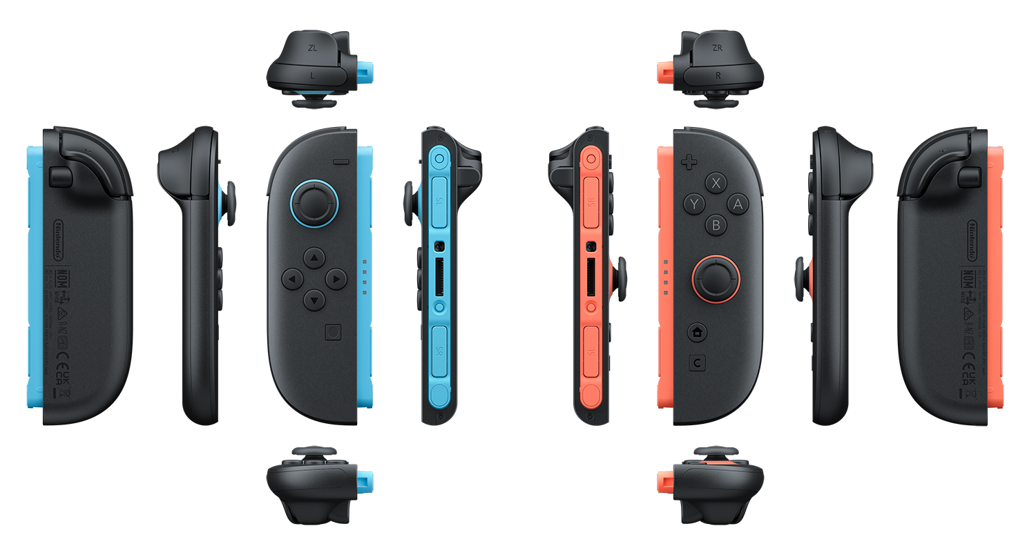 Múltiples mandos Joy-Con de Switch en varias orientaciones. Son de color negro y azul o rojo.