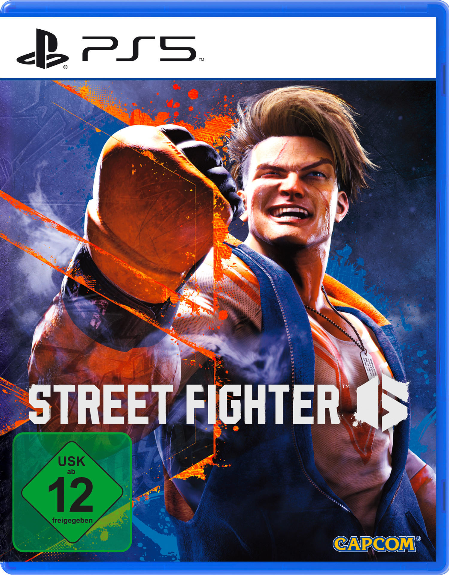 PS5-Spielcover für Street Fighter mit einem muskulösen männlichen Charakter.