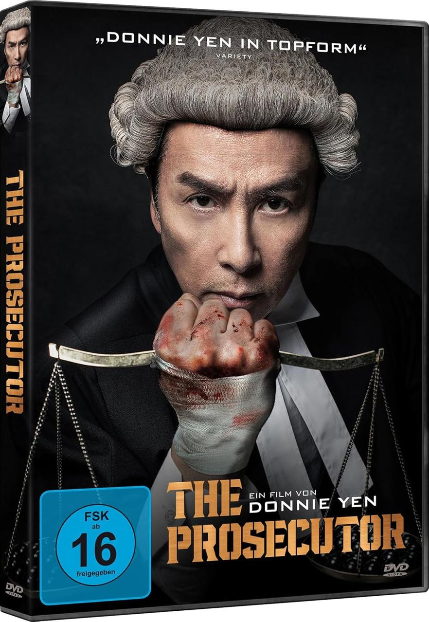 Filmcover: Donnie Yen mit Richterperücke, blutigem Verband, hält Waage. Titel: The Prosecutor. FSK 16 Aufkleber.