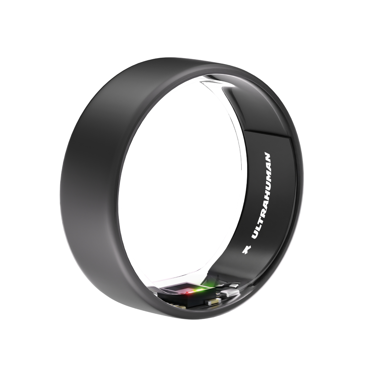 Ein schwarzer Ultrahuman Smart Ring, ein tragbares Technologiegerät, mit Markennamen außen am Ring.