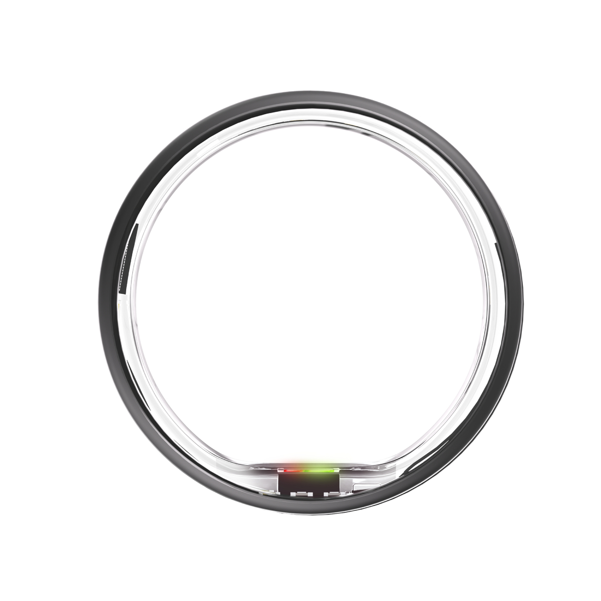 Kreisförmiger Fitnesstracker mit grünen und roten Lichtern.