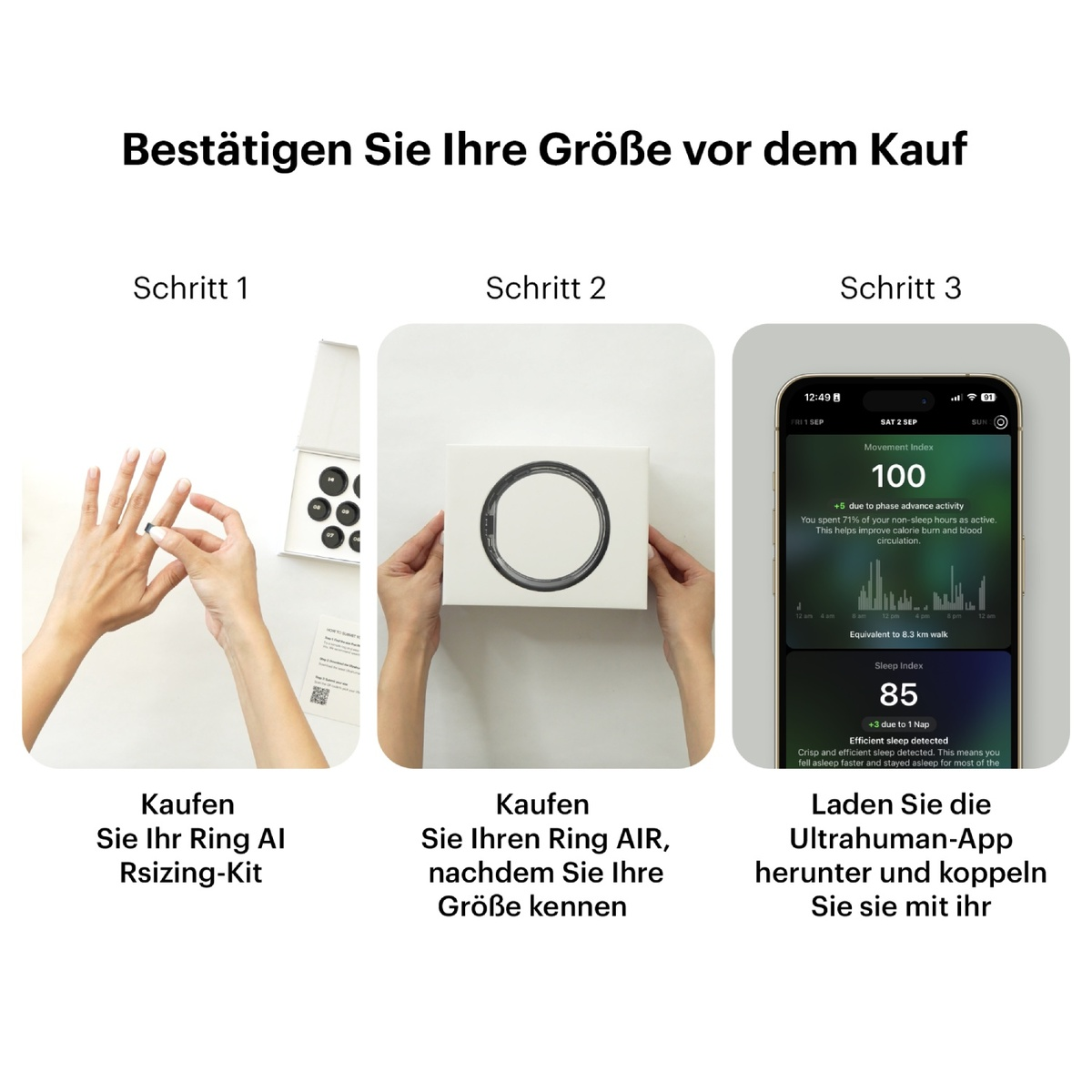 Schritt-für-Schritt-Anleitung für ein Ring-Mess-Kit, mit Händen, die mit Artikeln interagieren, und Text auf Deutsch.