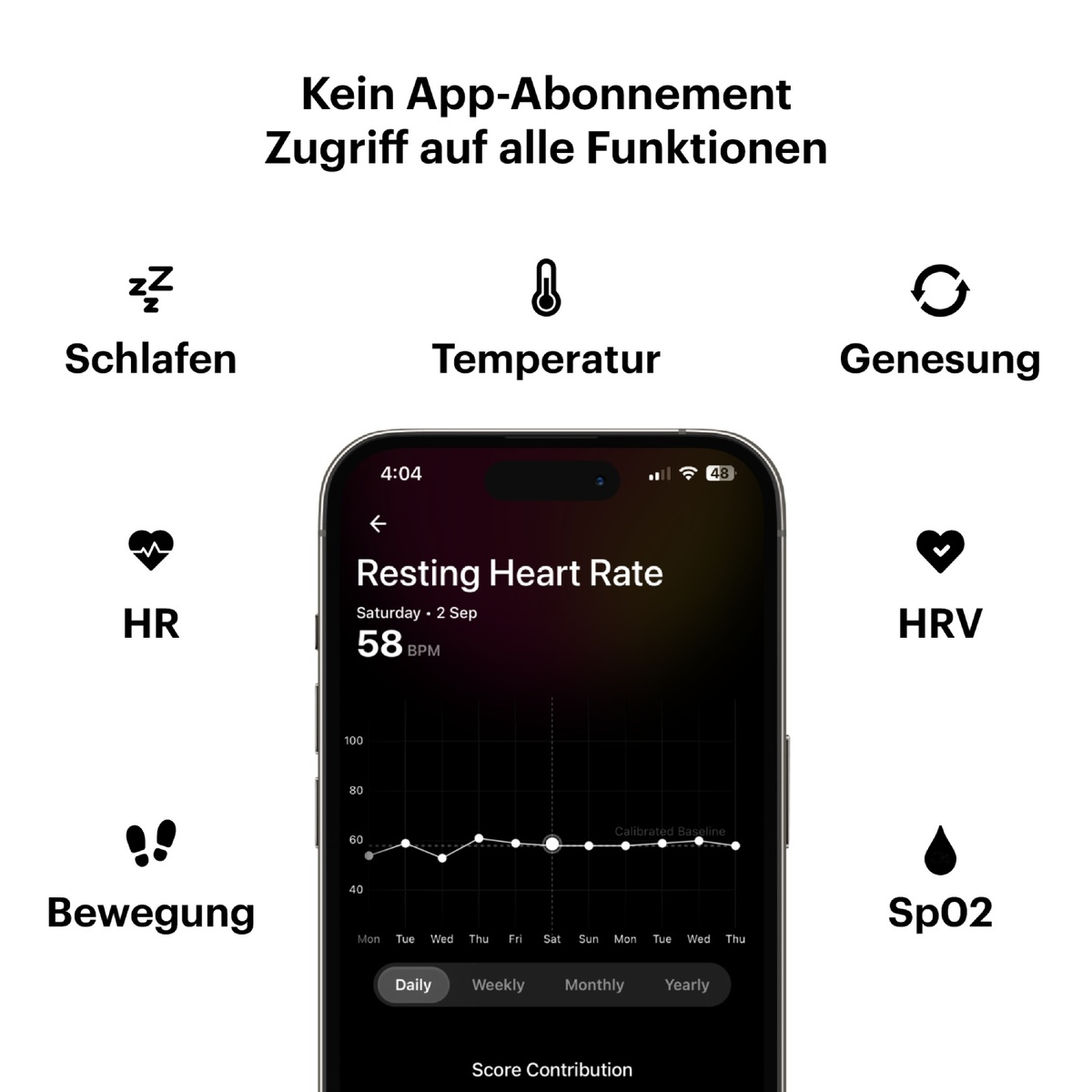 Ein Mobiltelefon mit einem Herzfrequenzdiagramm auf dem Bildschirm, umgeben von gesundheitsbezogenen Symbolen.