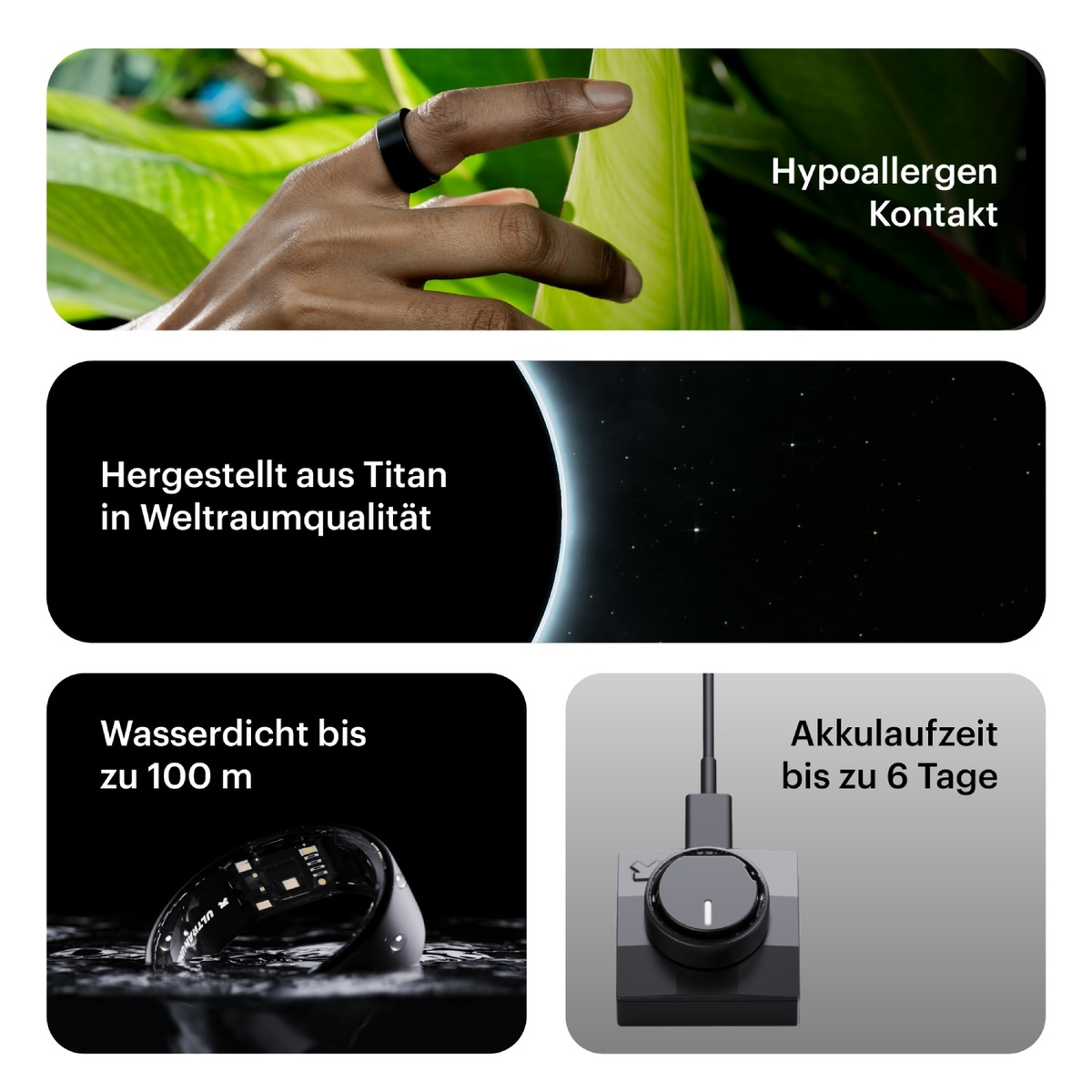 Ein schwarzer Ring am Finger, mit Text über hypoallergenen Kontakt und Funktionen.