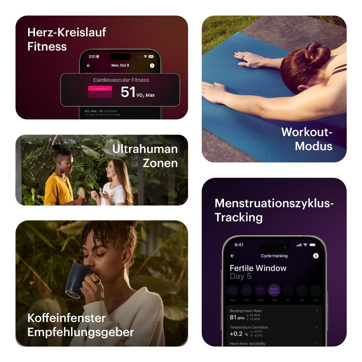 Vier Bilder, die Herz-Kreislauf-Fitness, ultrahumane Zonen, eine Person, die Kaffee trinkt, und die Verfolgung des Menstruationszyklus auf einem Telefon zeigen.