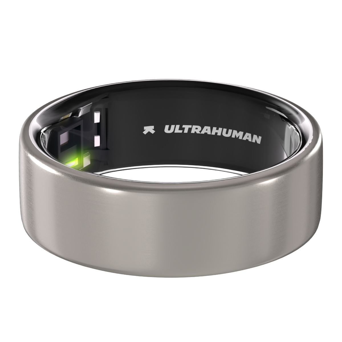 Silberner Ring mit schwarzem Innenraum, beschriftet mit "ULTRAHUMAN". Ein grünes Licht ist sichtbar.