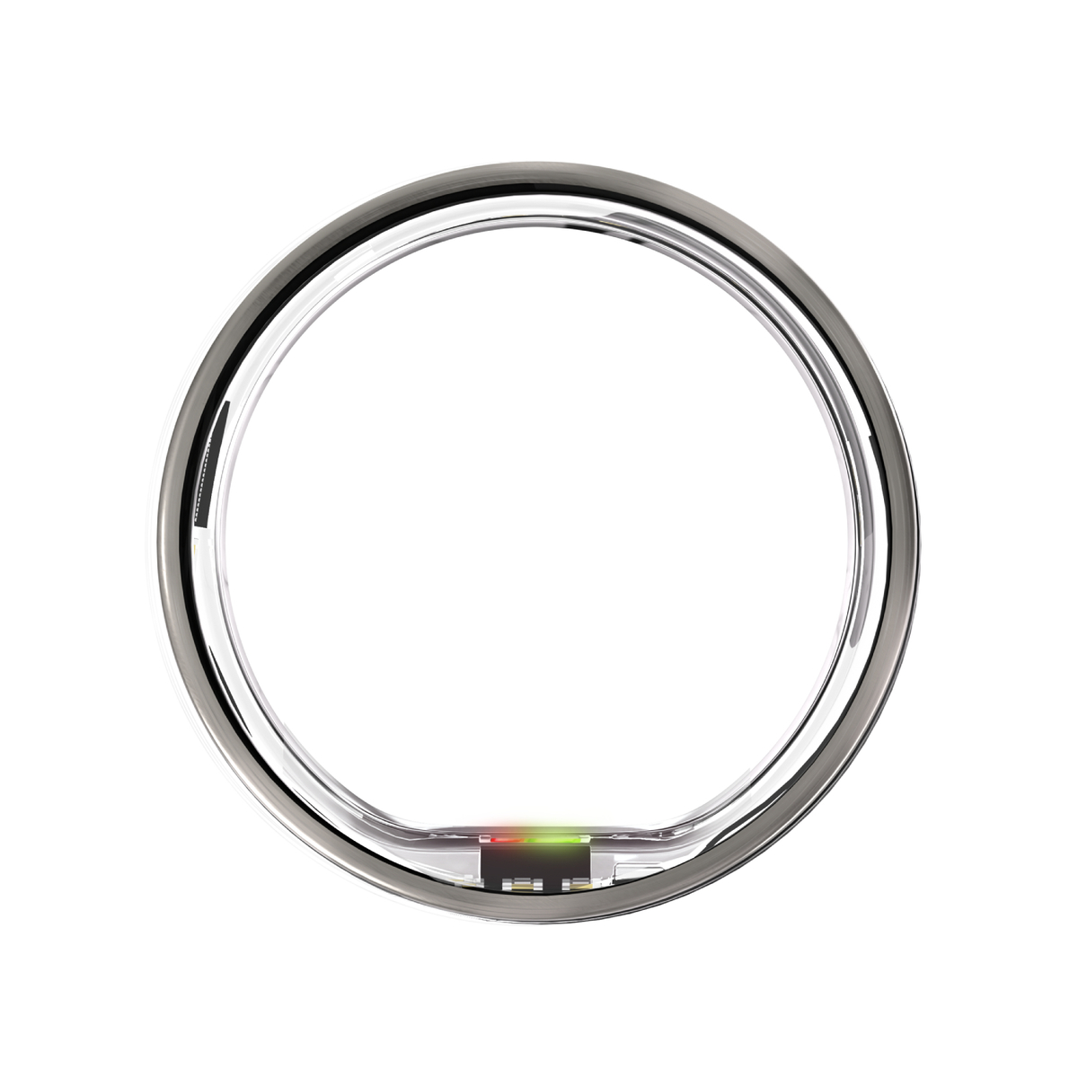 Ein silberner Ring mit transparentem Zentrum. Unten eine kleine, mehrfarbige LED-Leuchte.
