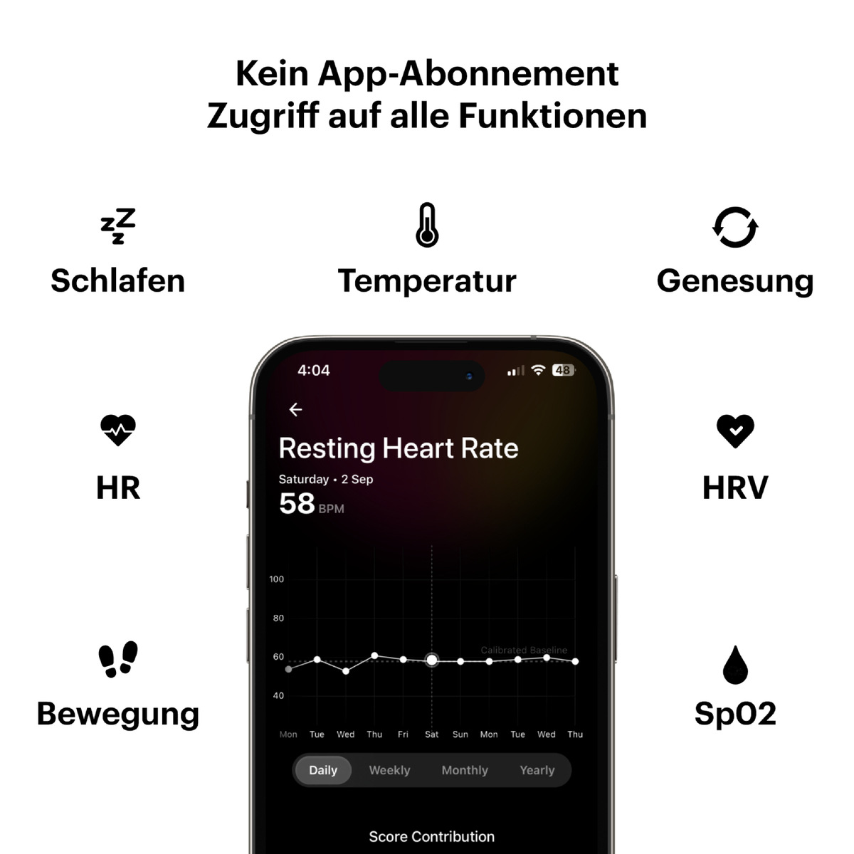 Ein Telefonbildschirm zeigt ein Ruhepulsdiagramm, umgeben von Gesundheitsmetrik-Symbolen und Text.