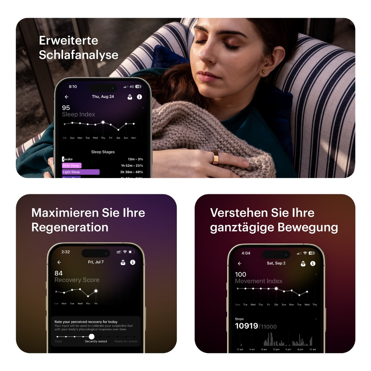 Eine schlafende Frau mit Smartwatch. Drei App-Screens zeigen Schlafdaten und Erholungswerte.