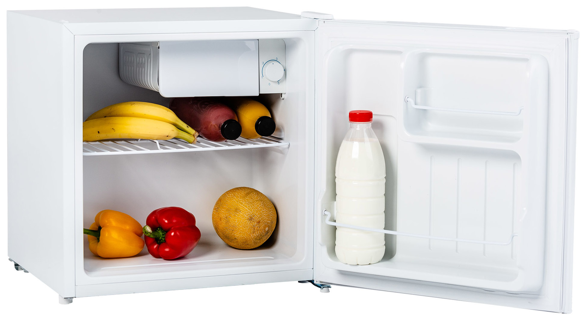 Biała mini lodówka z otwartymi drzwiami, pełna jedzenia.
