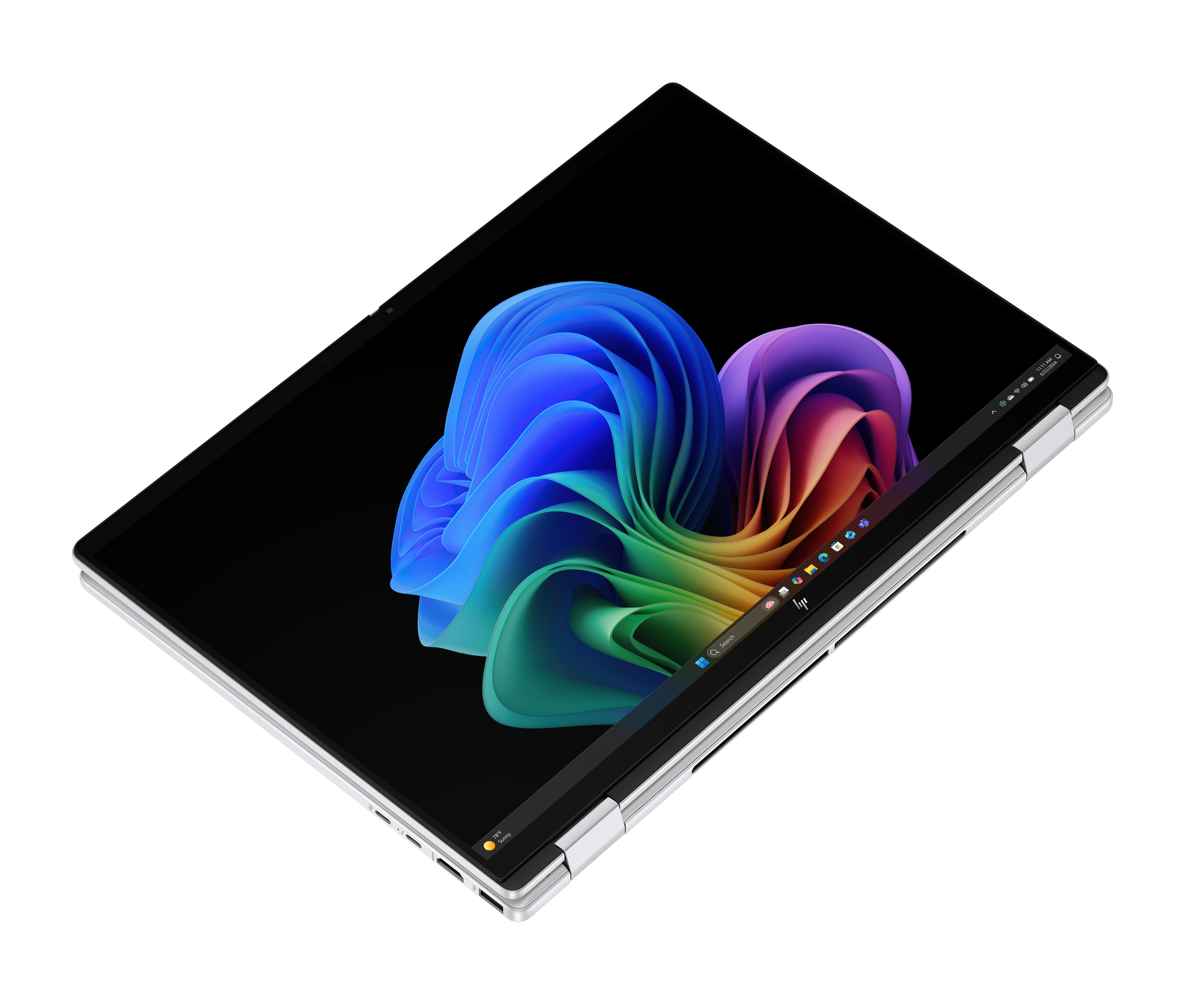 Ein Laptop mit einem farbenfrohen abstrakten Bild auf dem Bildschirm, in einem Winkel geöffnet.