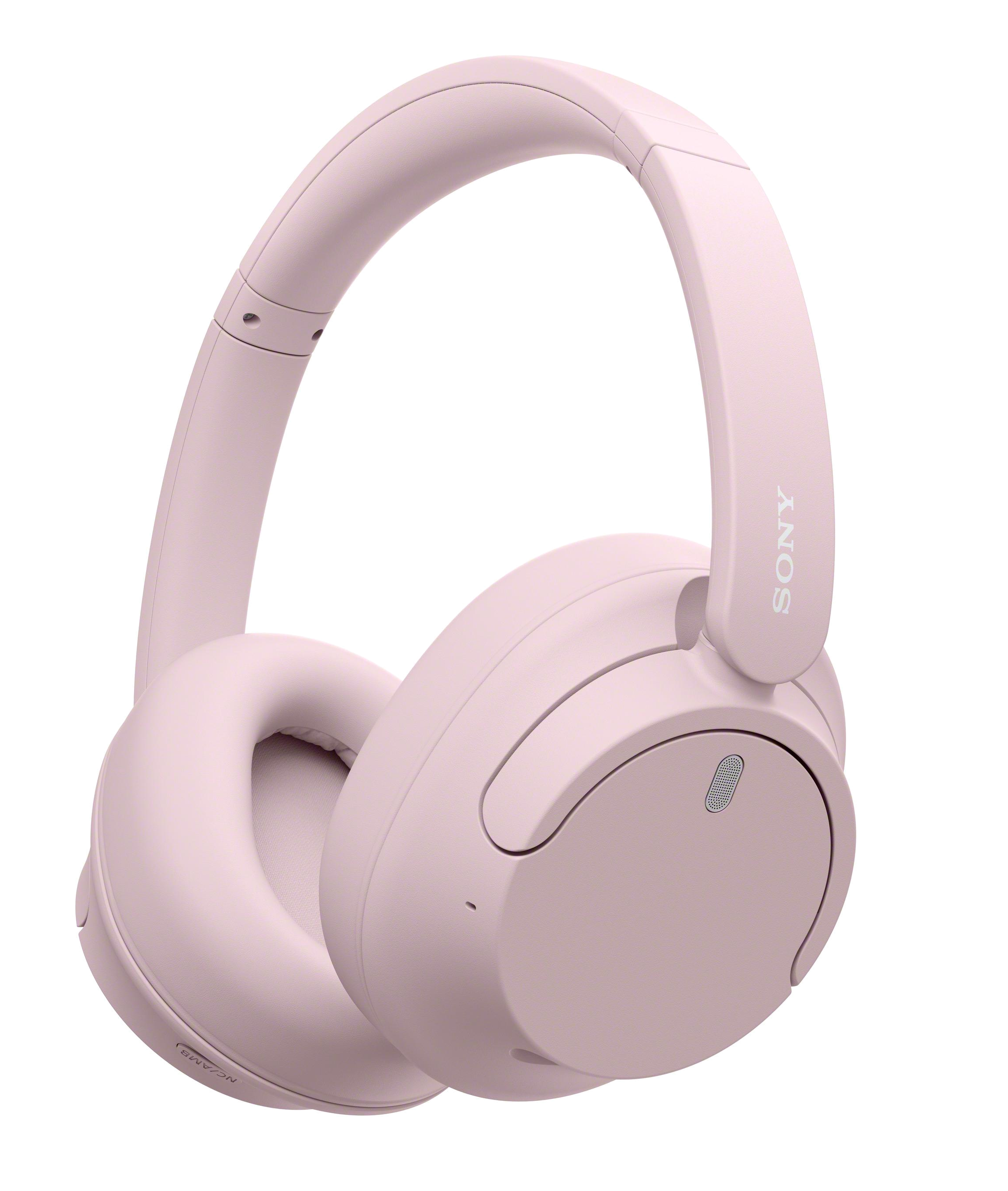 Różowe słuchawki nauszne. Design jest elegancki i minimalistyczny z logo Sony z boku.