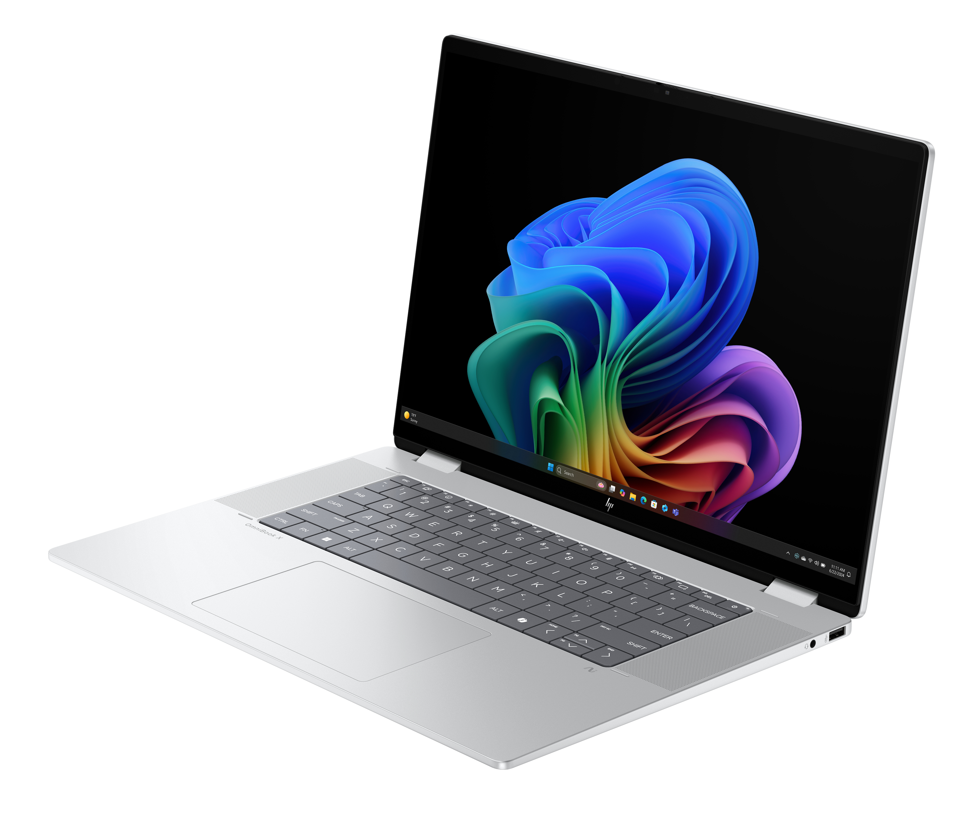 Ein silberner Laptop mit einem farbenfrohen abstrakten Bild auf dem Bildschirm.
