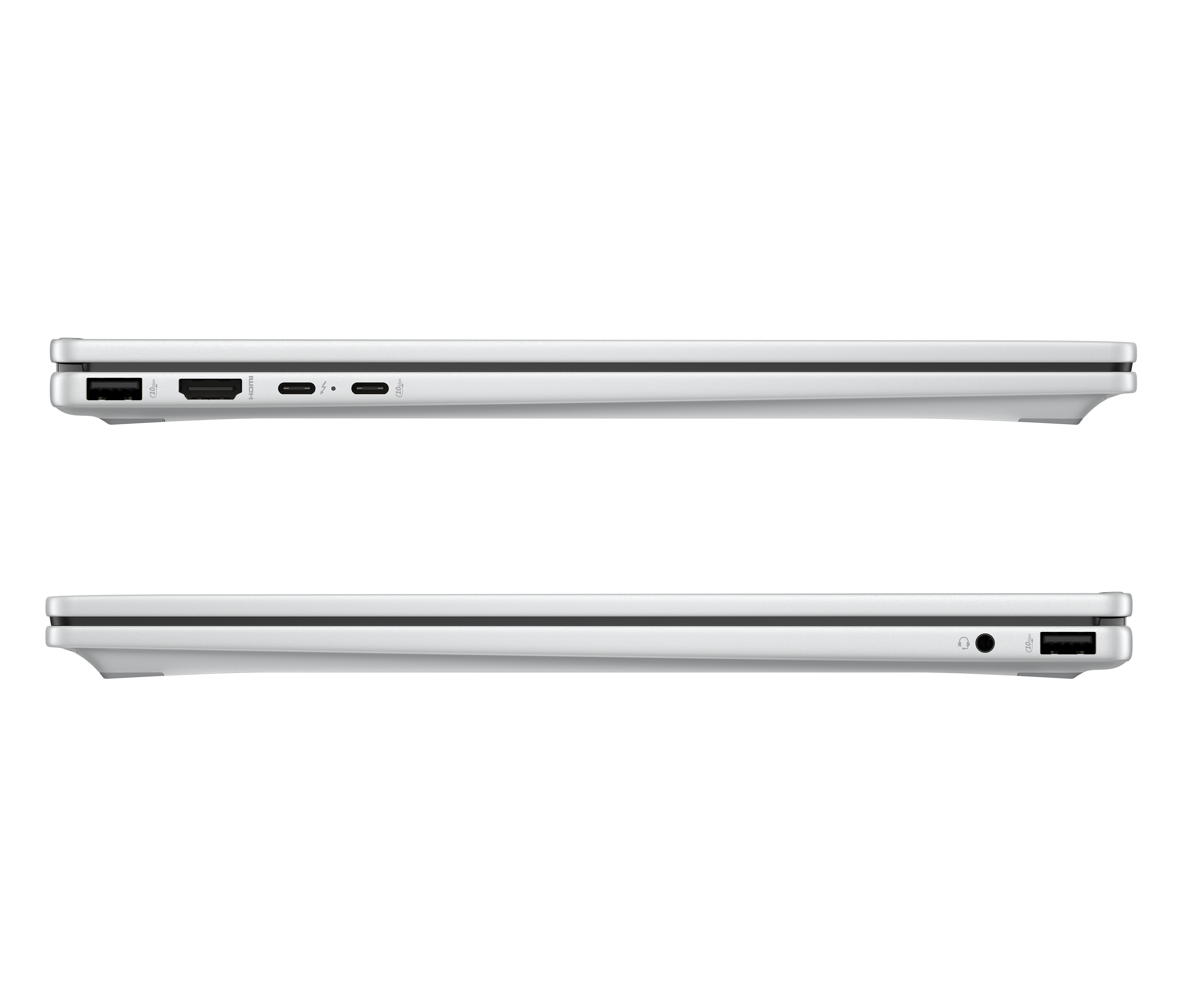 Zwei Seiten eines weißen Laptops, Anschlüsse zeigend. Weißer Hintergrund.