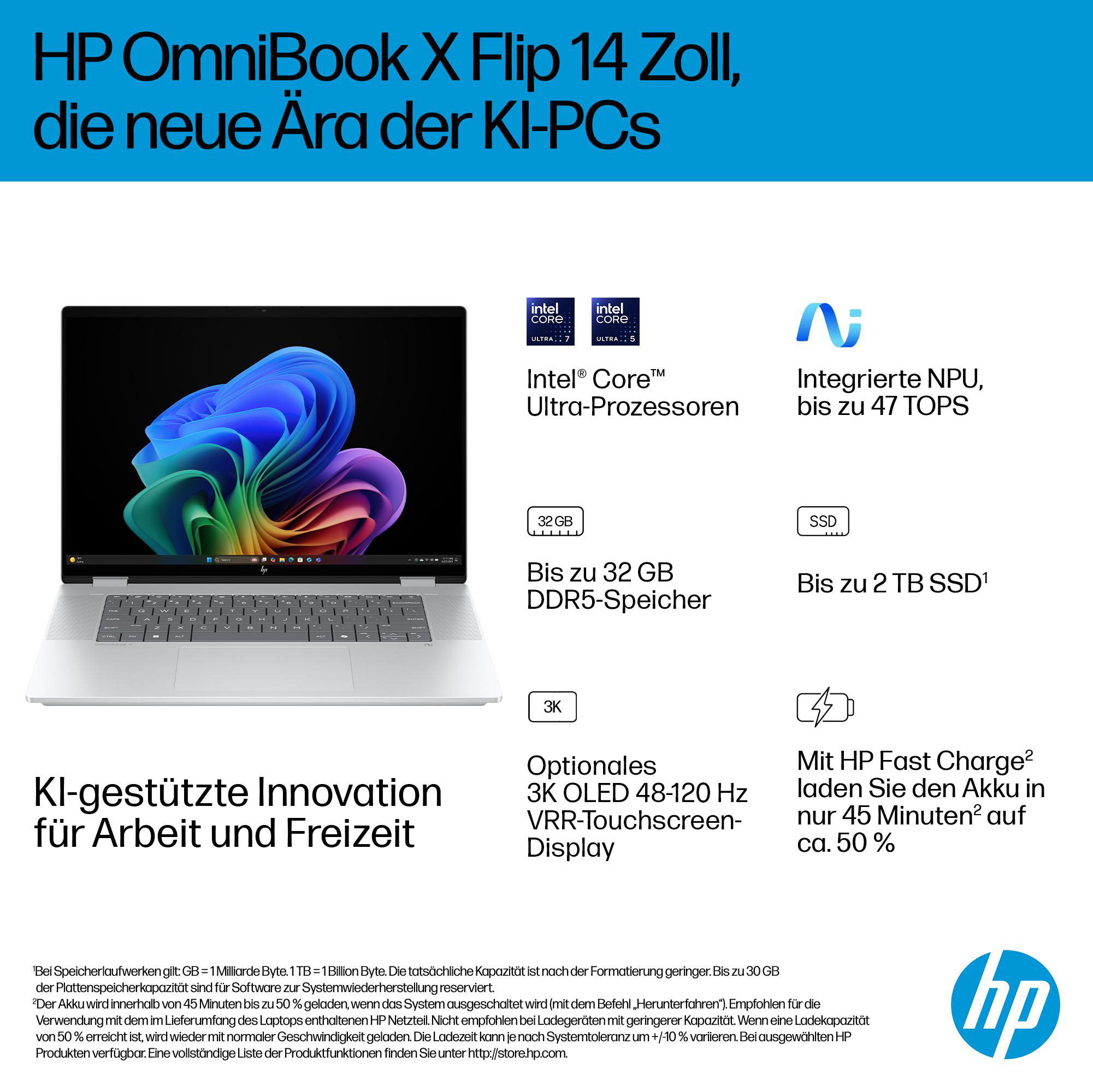 HP Laptop mit Text: HP OmniBook X Flip 14 Zoll, Intel Core Ultra.