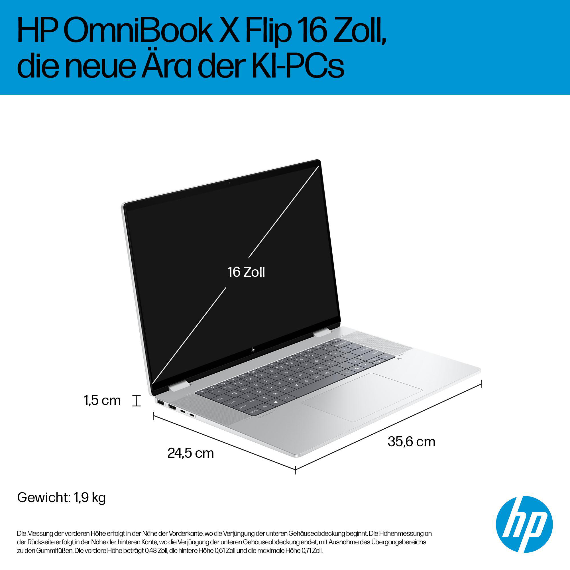 Laptop offen, mit Bildschirm. Maßband an der Seite, zeigt die Größe.