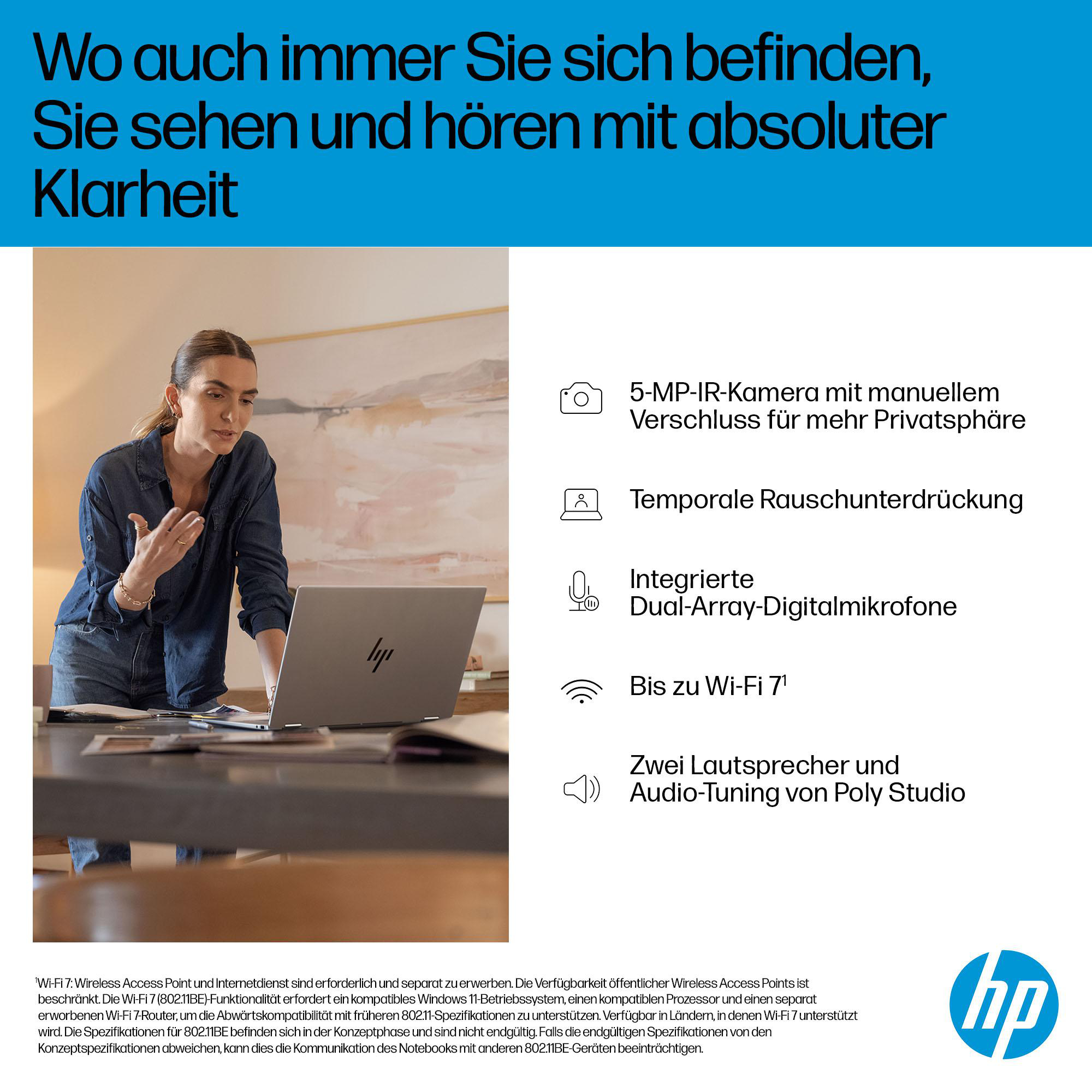 Frau schaut auf Laptop, mit Funktionssymbolen. Text: 5MP Kamera, Rauschunterdrückung, Wi-Fi 7.