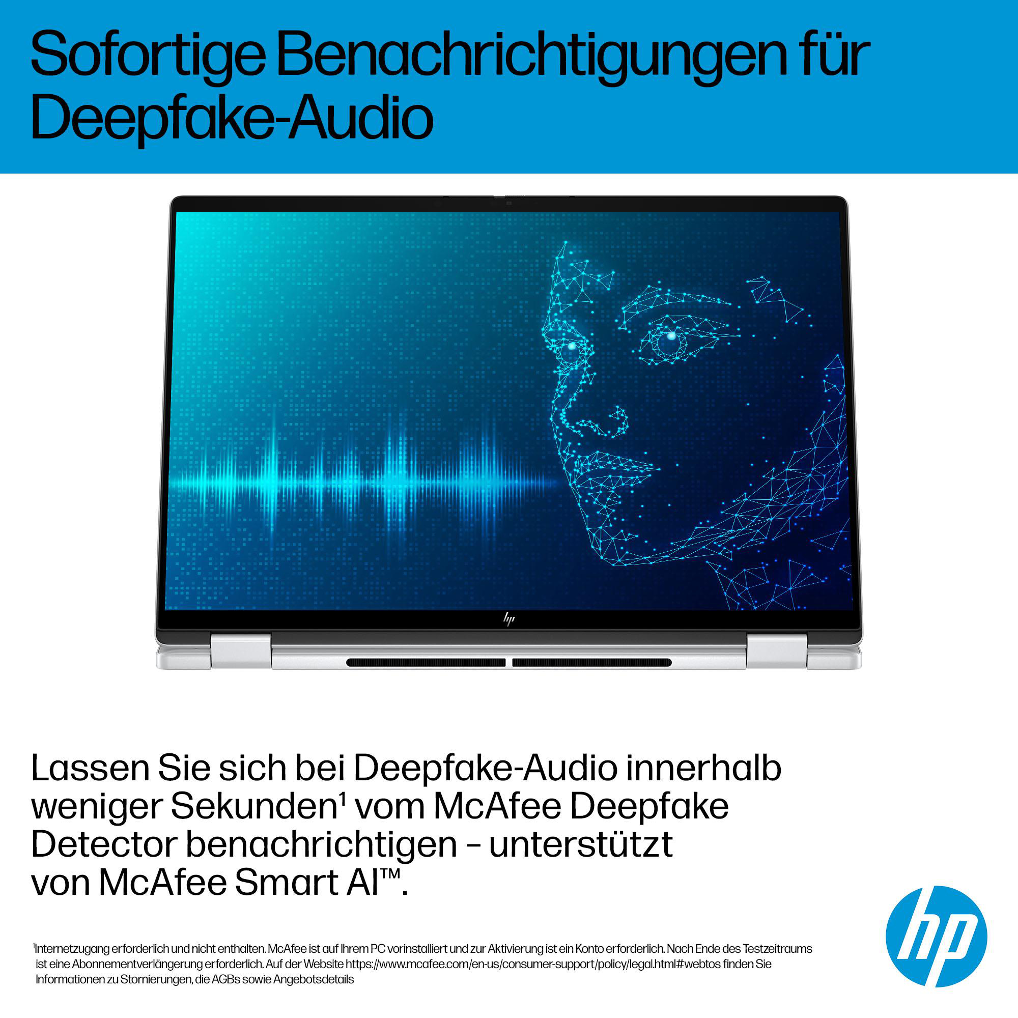 Ein Laptop zeigt ein blaues digitales Gesicht mit Schallwellen, mit Text über McAfee Deepfake Detector.