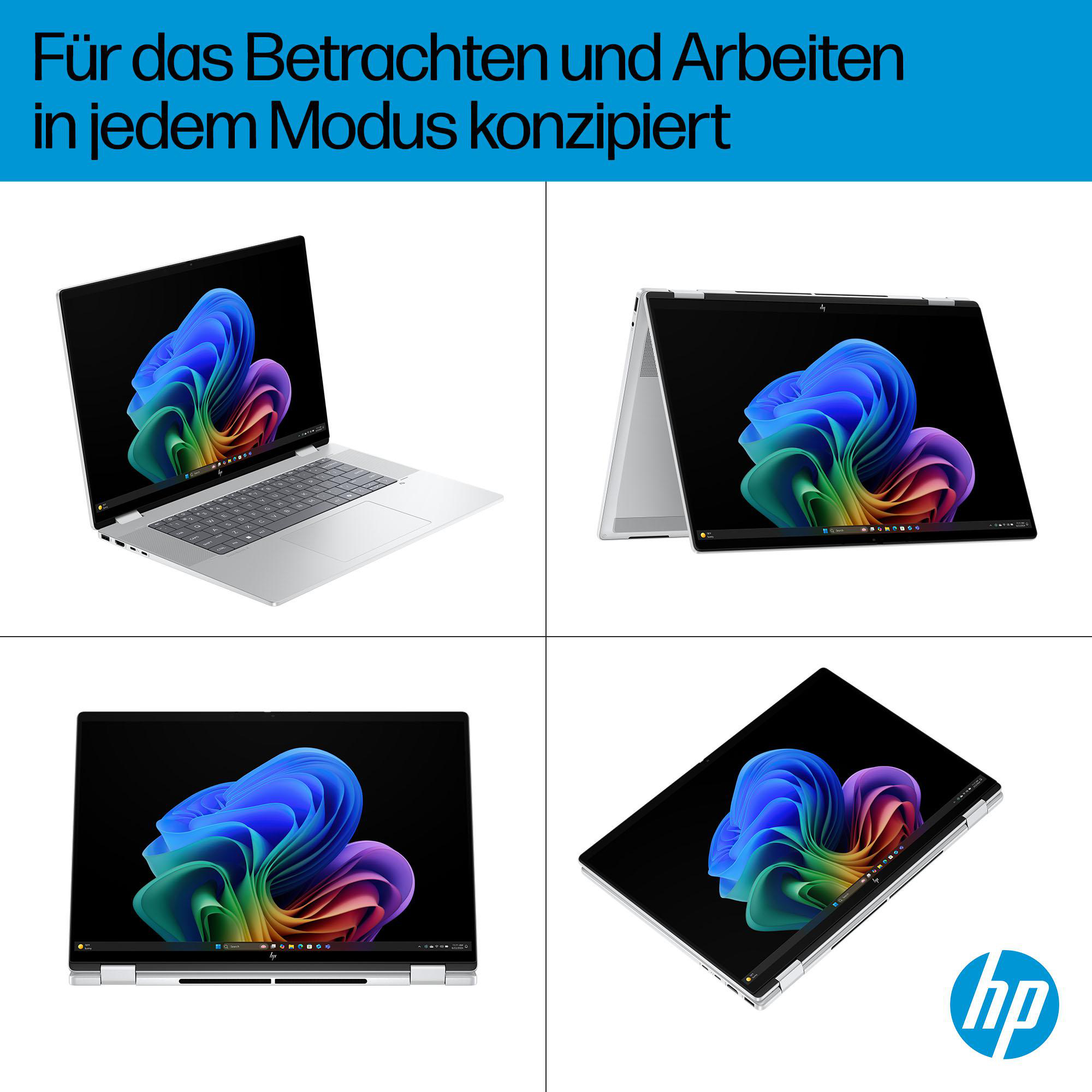 Ein Laptop in vier verschiedenen Positionen mit einem farbenfrohen Bildschirm.