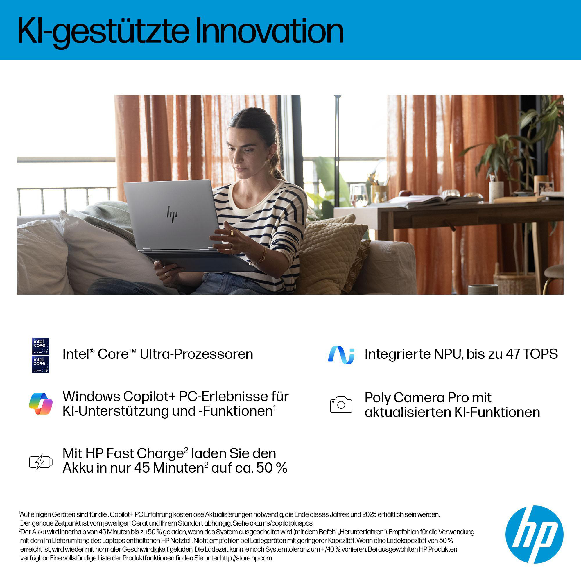 Eine Frau benutzt einen Laptop, mit Text über Intel- und HP-Funktionen.