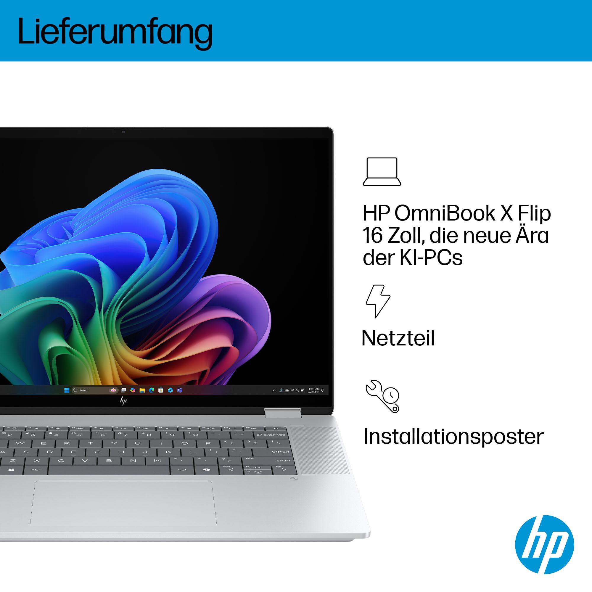 Ein silberfarbenes HP-Laptop mit einem lebendigen digitalen Kunsthintergrund. Der Text lautet HP OmniBook X Flip.