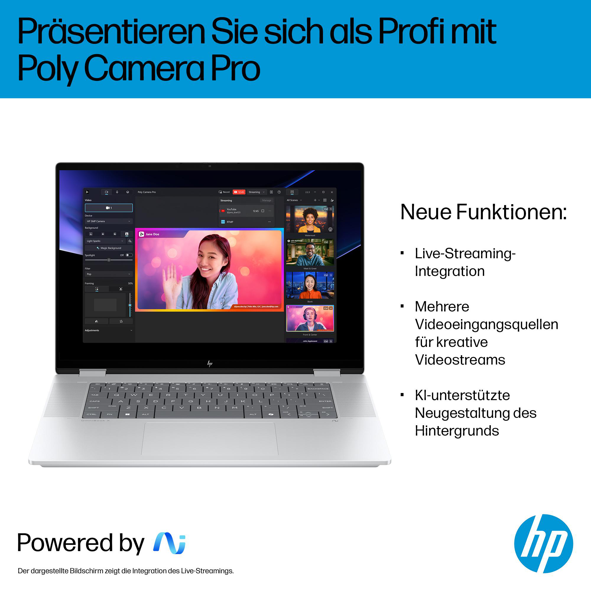 Laptop mit Live-Streaming-Oberfläche. Der Bildschirm zeigt einen Moderator und mehrere Video-Feeds.