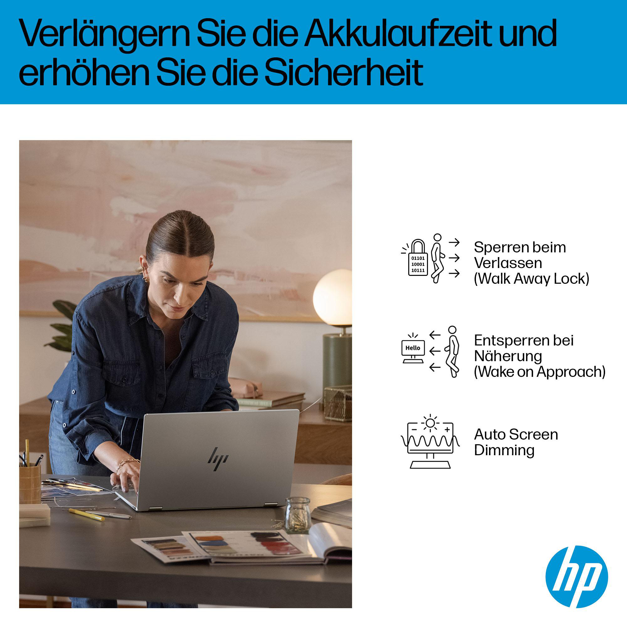 Frau benutzt einen Laptop. Text und Grafiken erklären Sicherheitsfunktionen: Walk Away Lock, Wake on Approach und Auto Screen Dimming.
