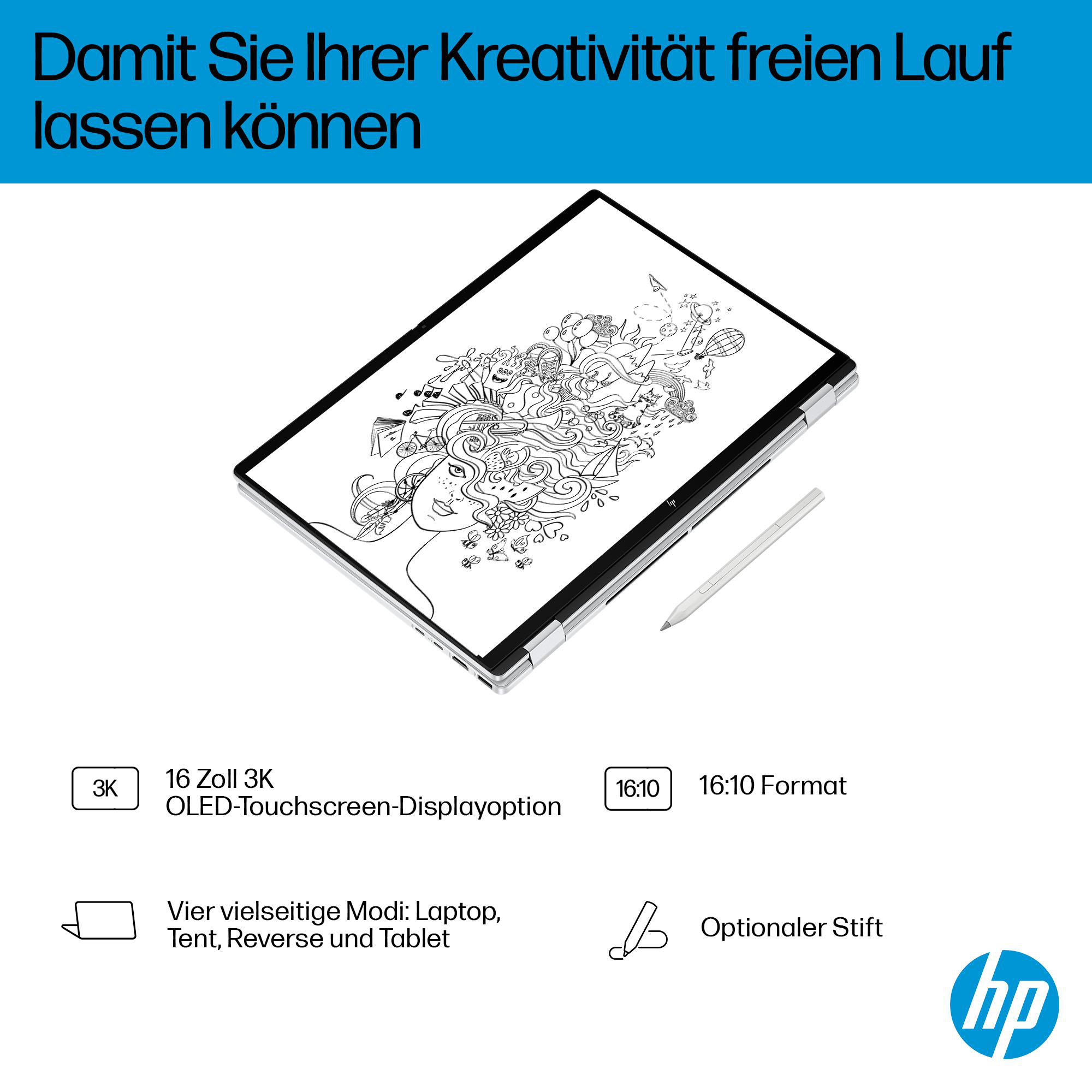 Ein weißes Tablet mit einer Zeichnung und einem Stift auf einem weißen Tisch. Text und Logos sind ebenfalls sichtbar.
