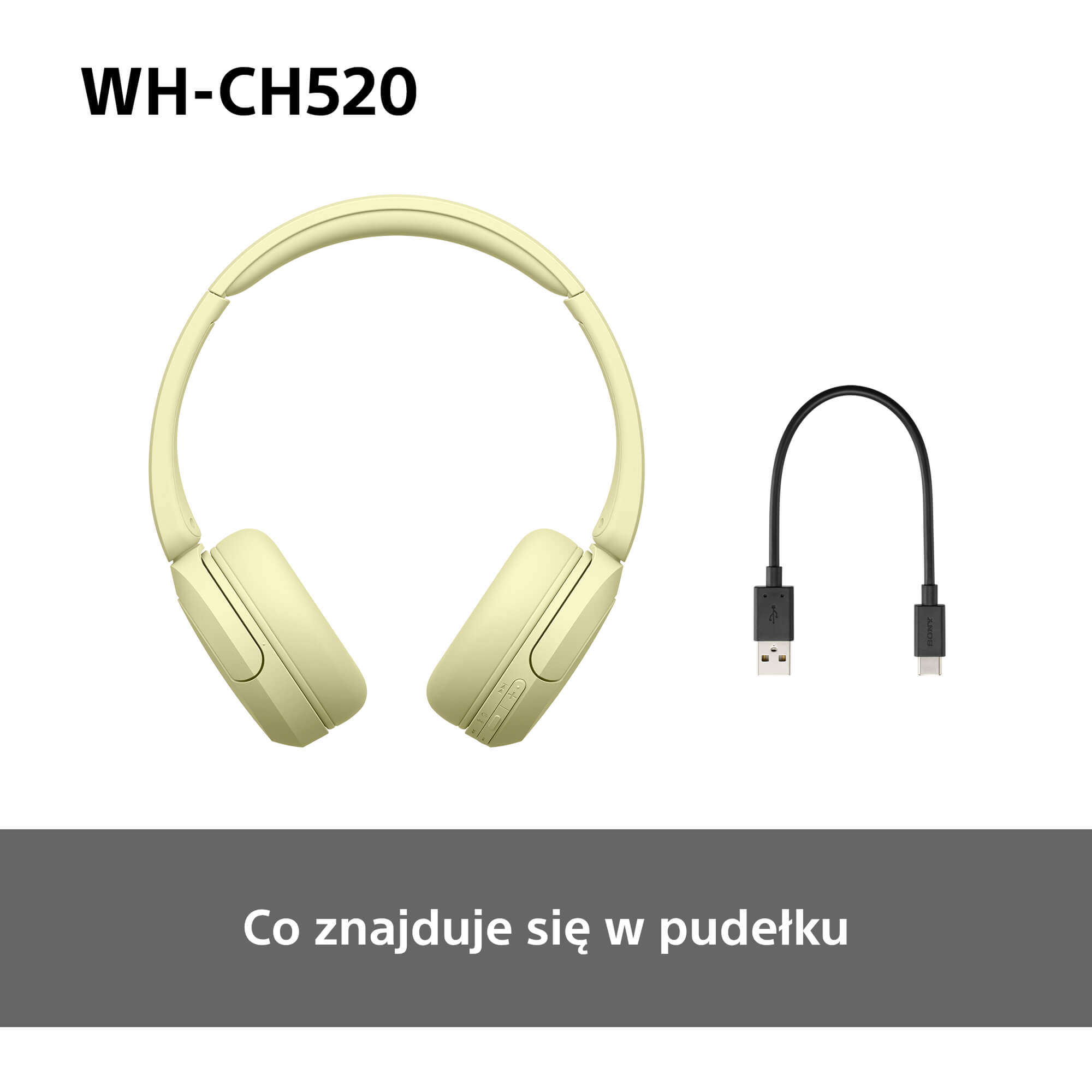 Żółte słuchawki Sony WH-CH520 i czarny kabel USB-C na białym tle z tekstem poniżej.