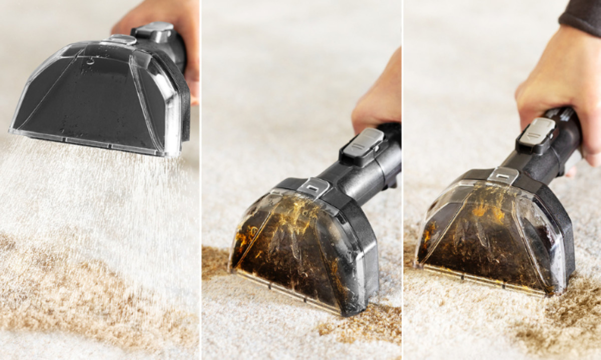 Głowica odkurzacza rozpyla i czyści dywan.