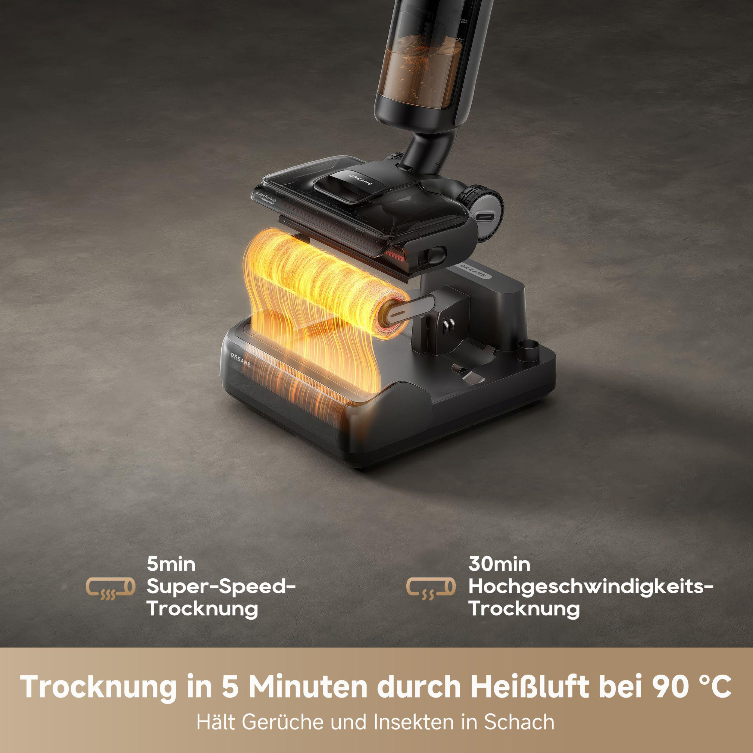 Schwarzer Staubsauger mit leuchtendem Element. Zeigt 5min und 30min Trocknungszeiten. Text: Trocknung in 5 Minuten durch Heißluft bei 90°C.