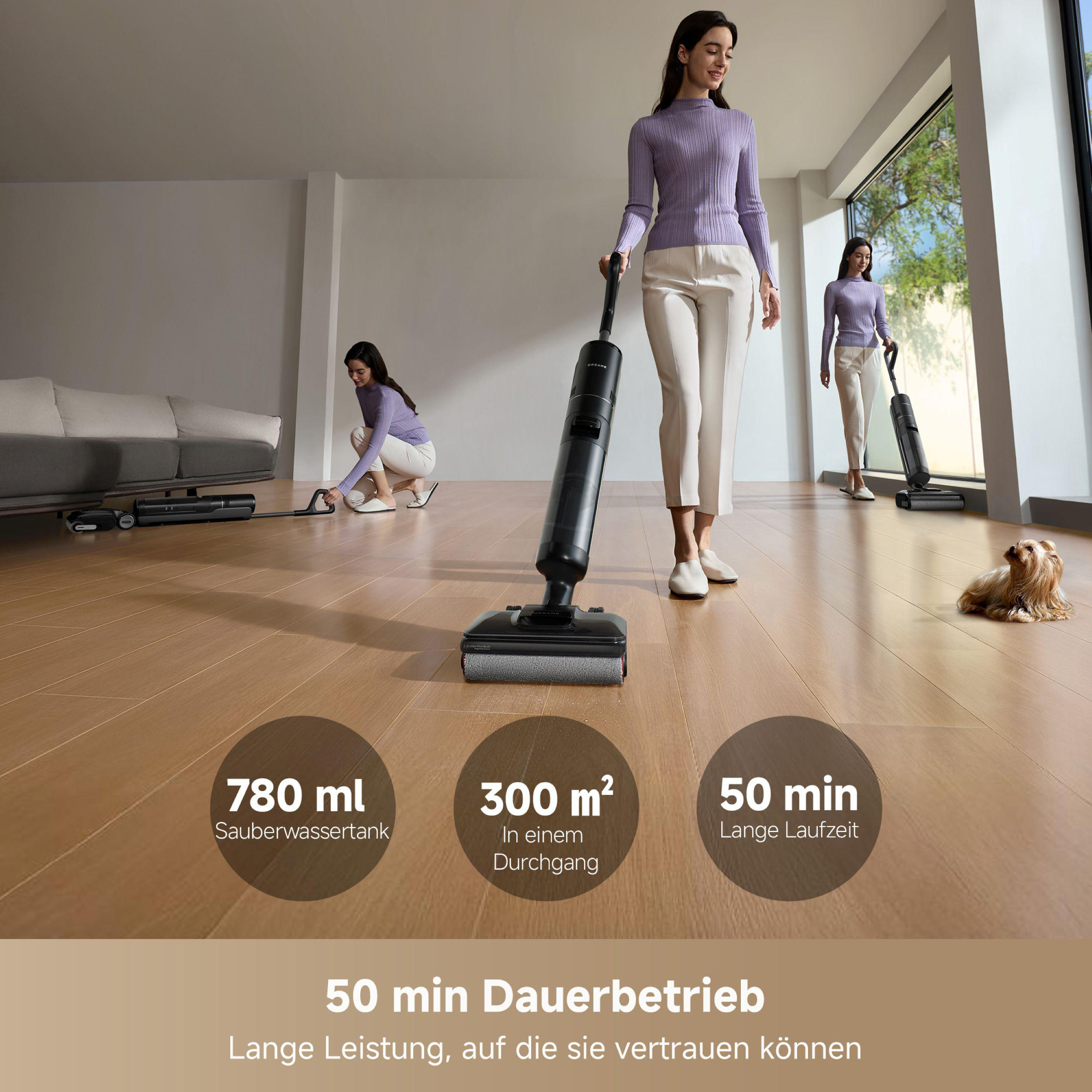 Frau mit Staubsauger. Andere saugen. Hund auf Holzboden. Stats: 780ml, 300m2, 50min.