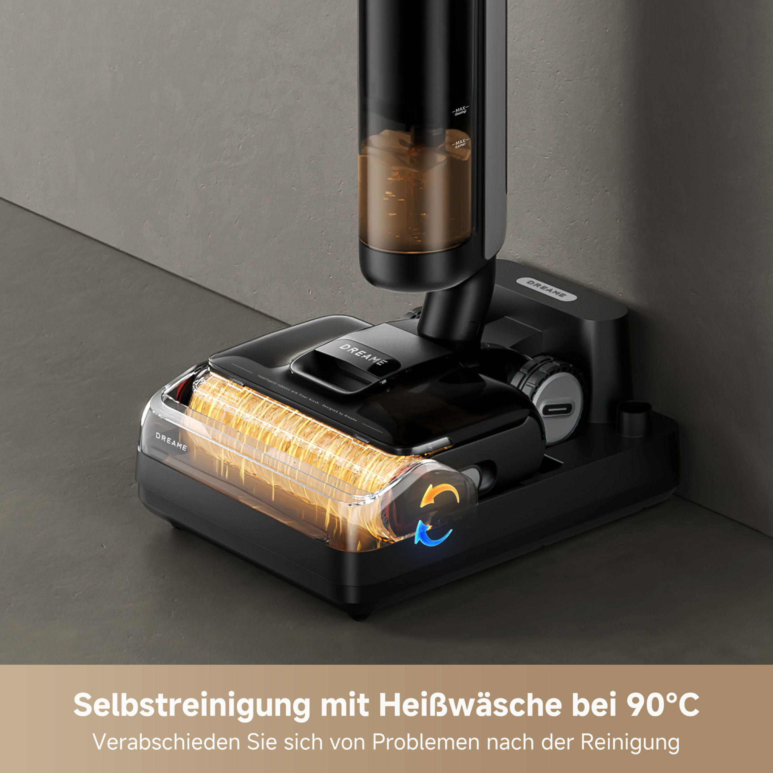 Schwarzer Staubsauger mit transparenten Teilen, die den Innenmechanismus zeigen. Grauer Hintergrund mit Text zur Selbstreinigung.