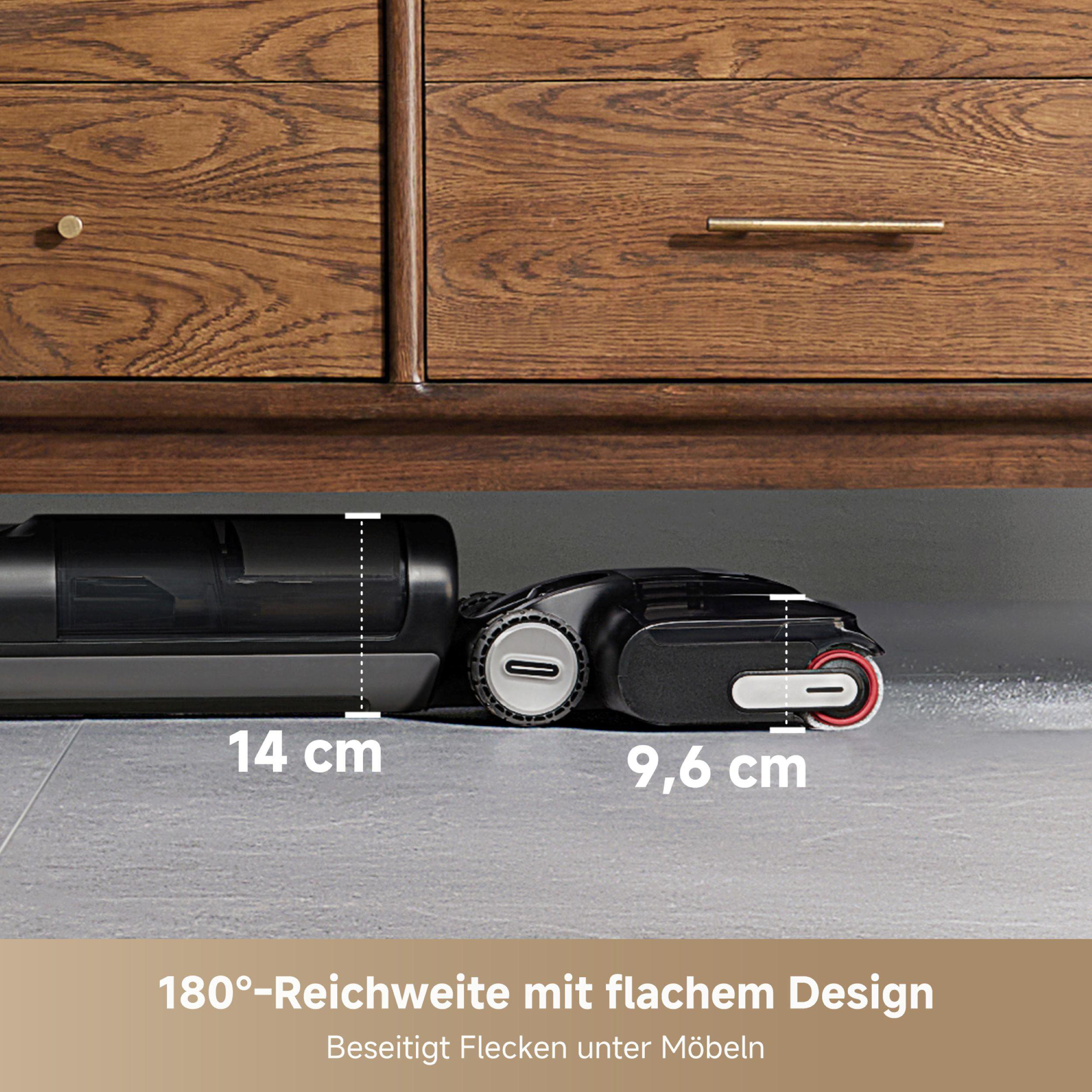 Schwarzer Staubsauger, 14 cm & 9,6 cm hoch, unter einem Holzschrank. Text: 180° Reichweite mit flachem Design.