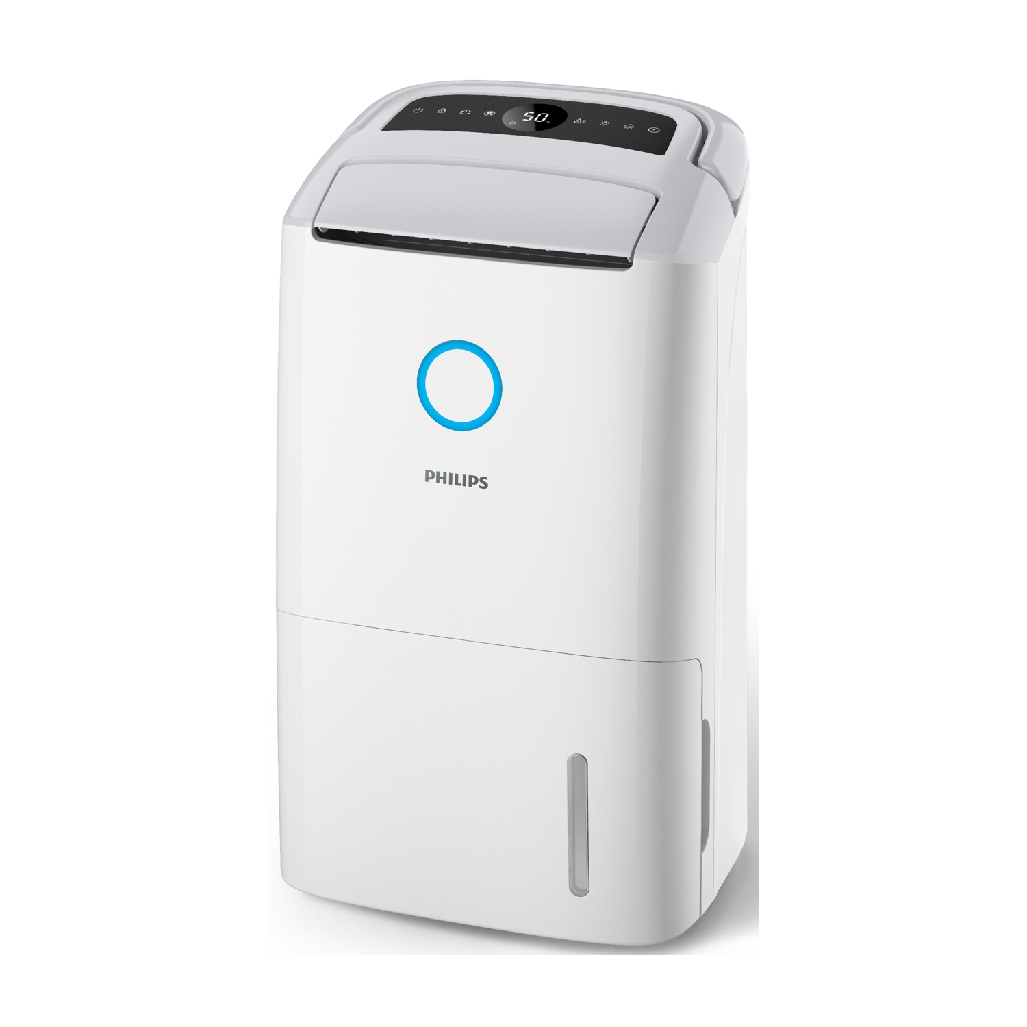 Deumidificatore bianco con cerchio blu e display digitale.