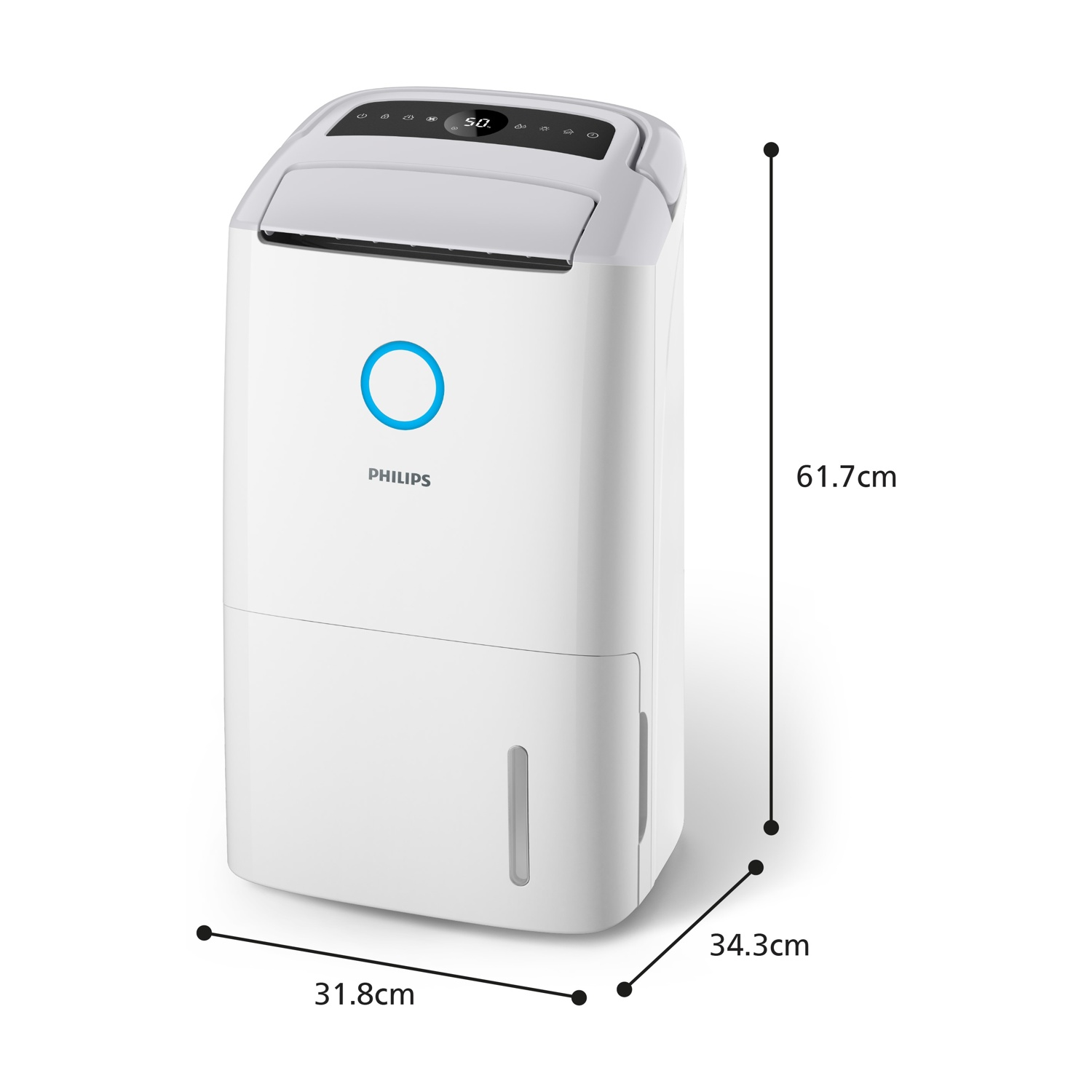 Deumidificatore bianco con dimensioni: 31,8 cm x 34,3 cm x 61,7 cm.