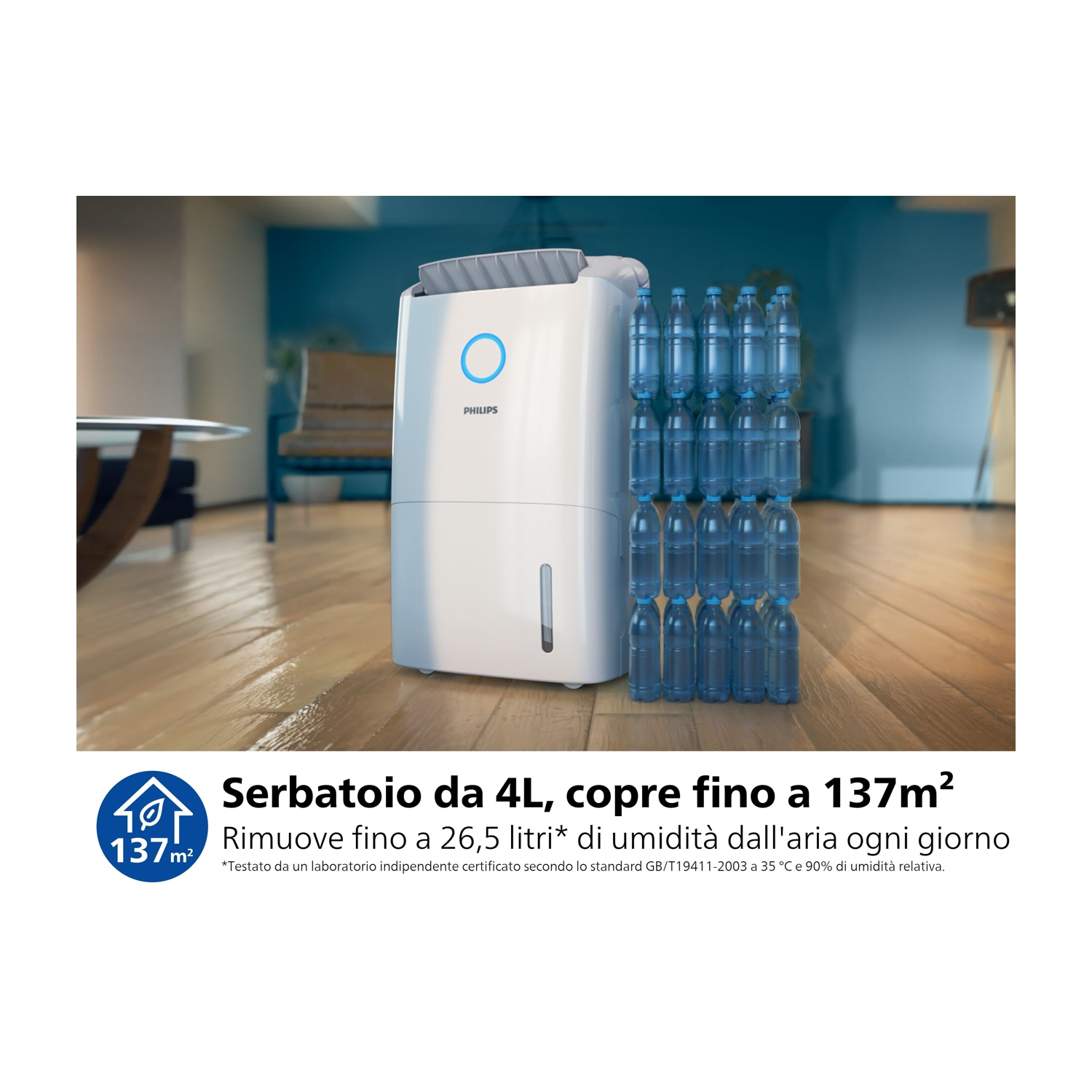 Deumidificatore Philips bianco vicino a bottiglie d'acqua su pavimento di legno.