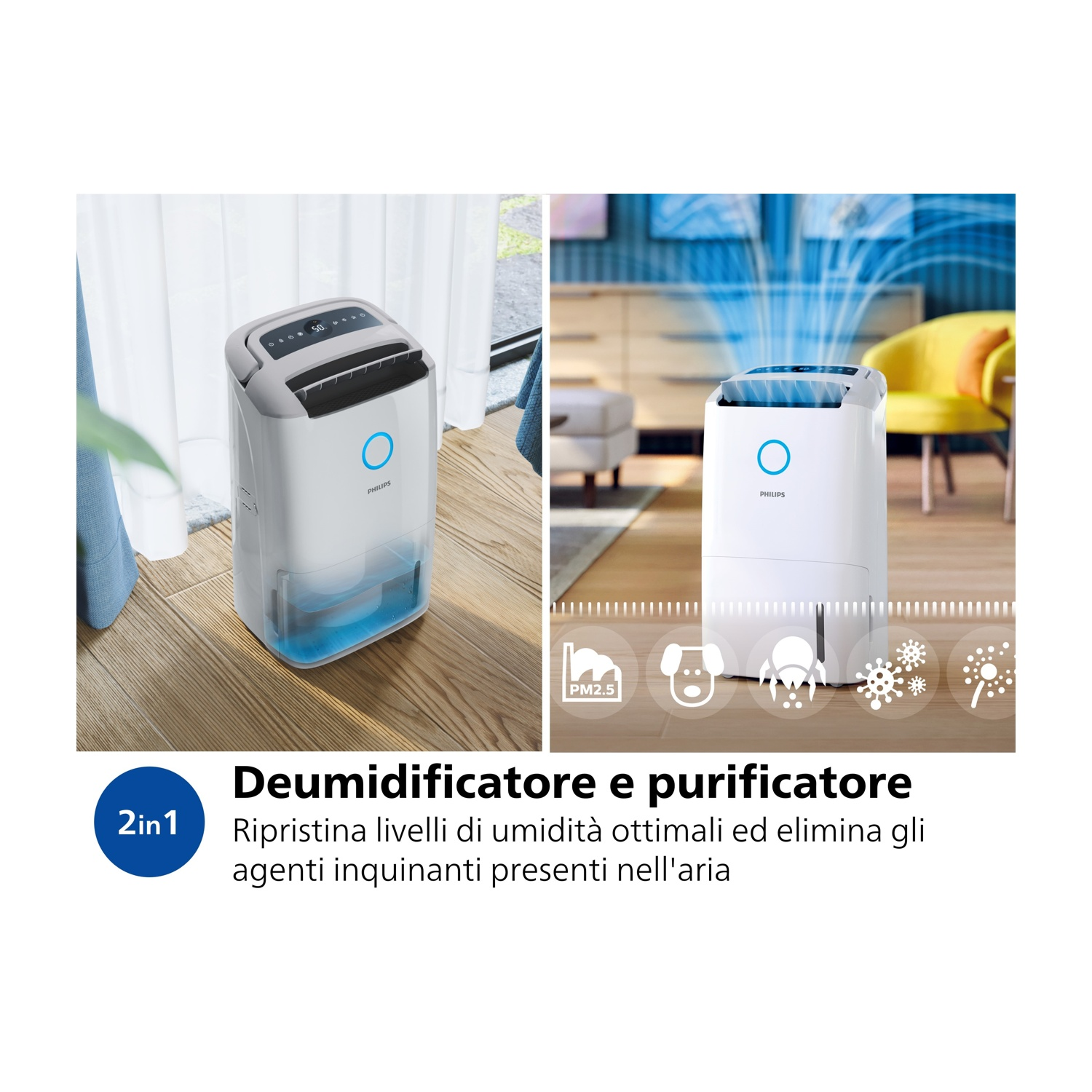 Due immagini. Un deumidificatore bianco e un purificatore d'aria bianco, con dettagli blu.