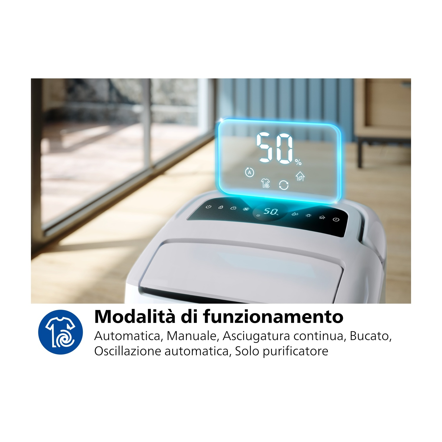 Deumidificatore bianco con display digitale che mostra il 50% di umidità.