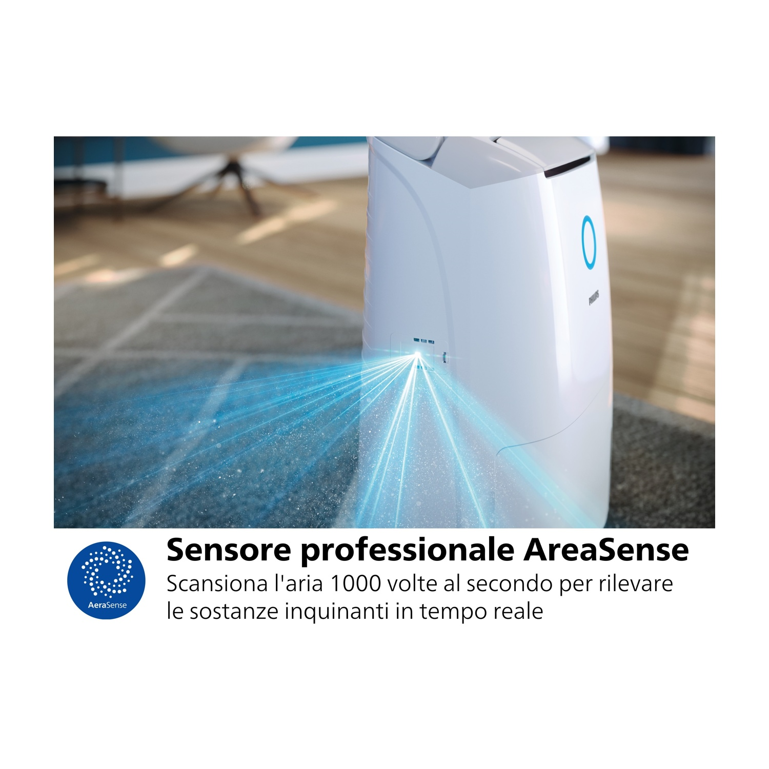 Un purificatore d'aria con un fascio di luce blu.