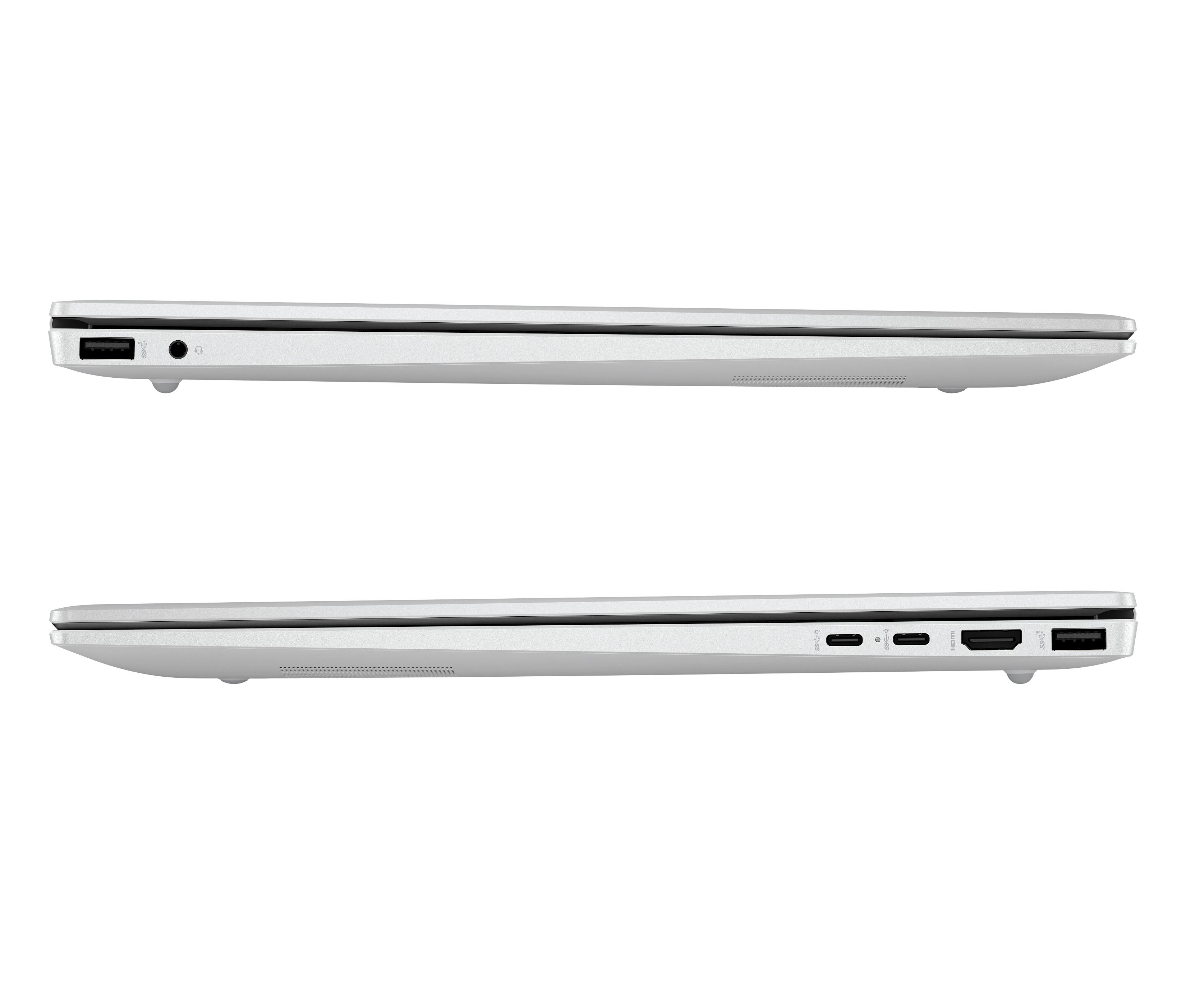 Zwei weiße Laptops nebeneinander, die seitliche Anschlüsse zeigen.