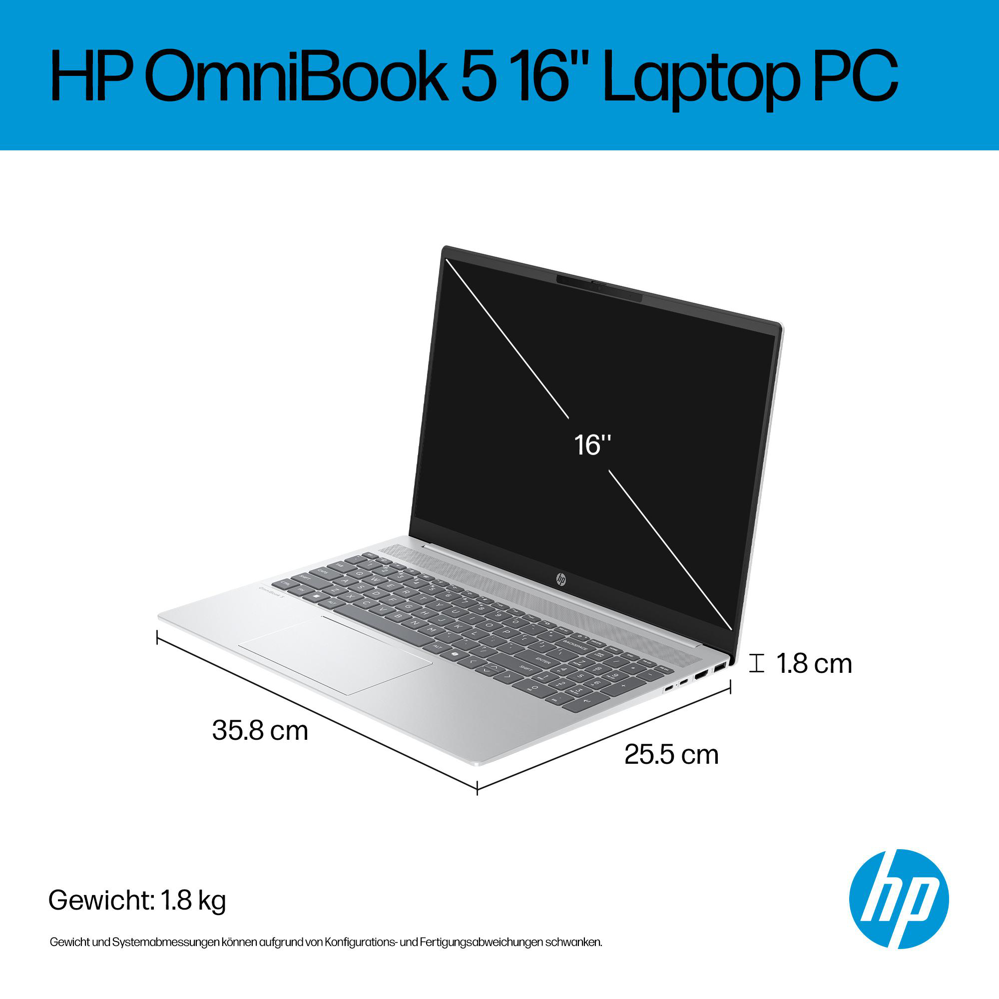 Ein Laptop mit 16" Bildschirm, mit Abmessungen in cm und dem HP-Logo.
