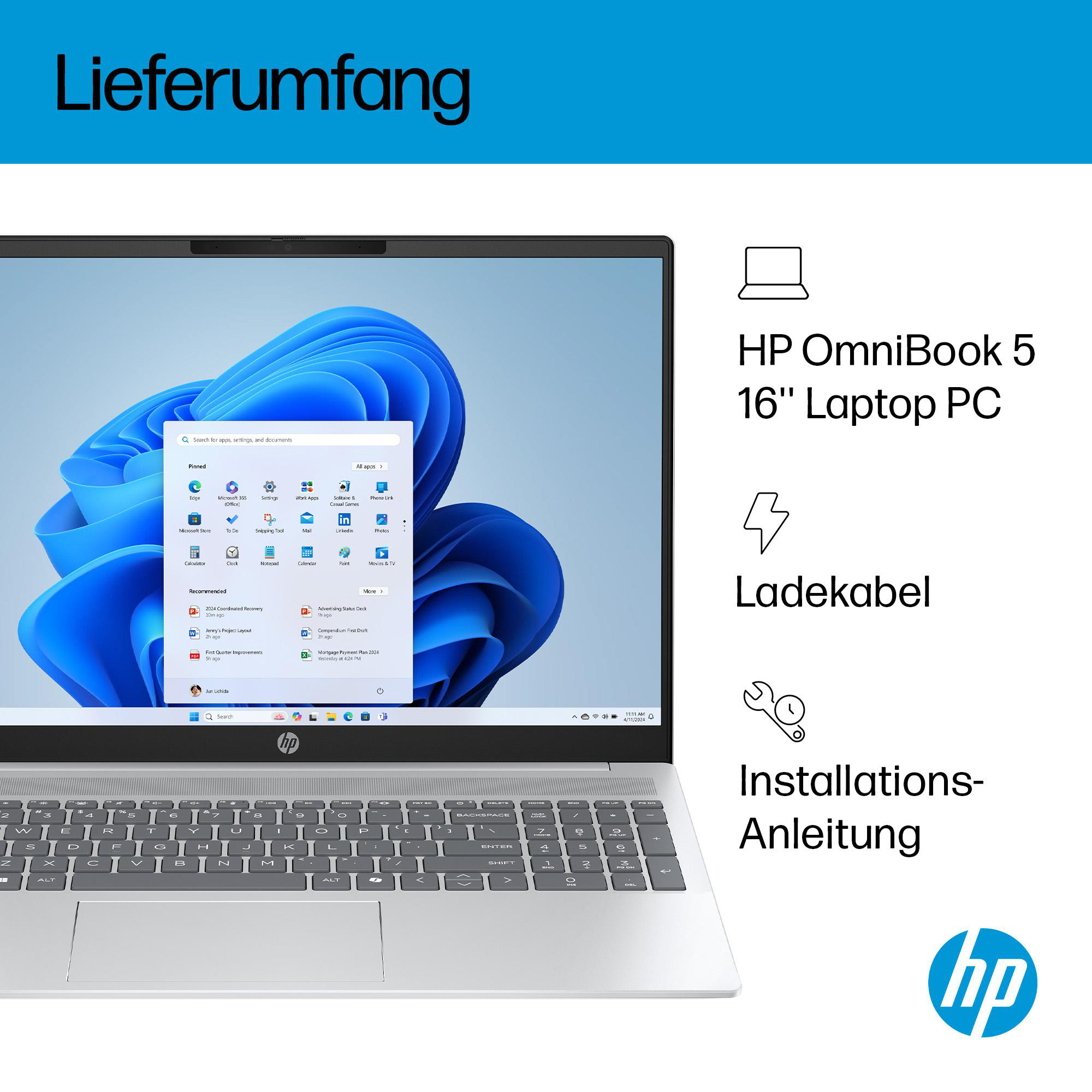 Laptop mit Windows 11 Oberfläche, Zubehör und einem HP-Logo.