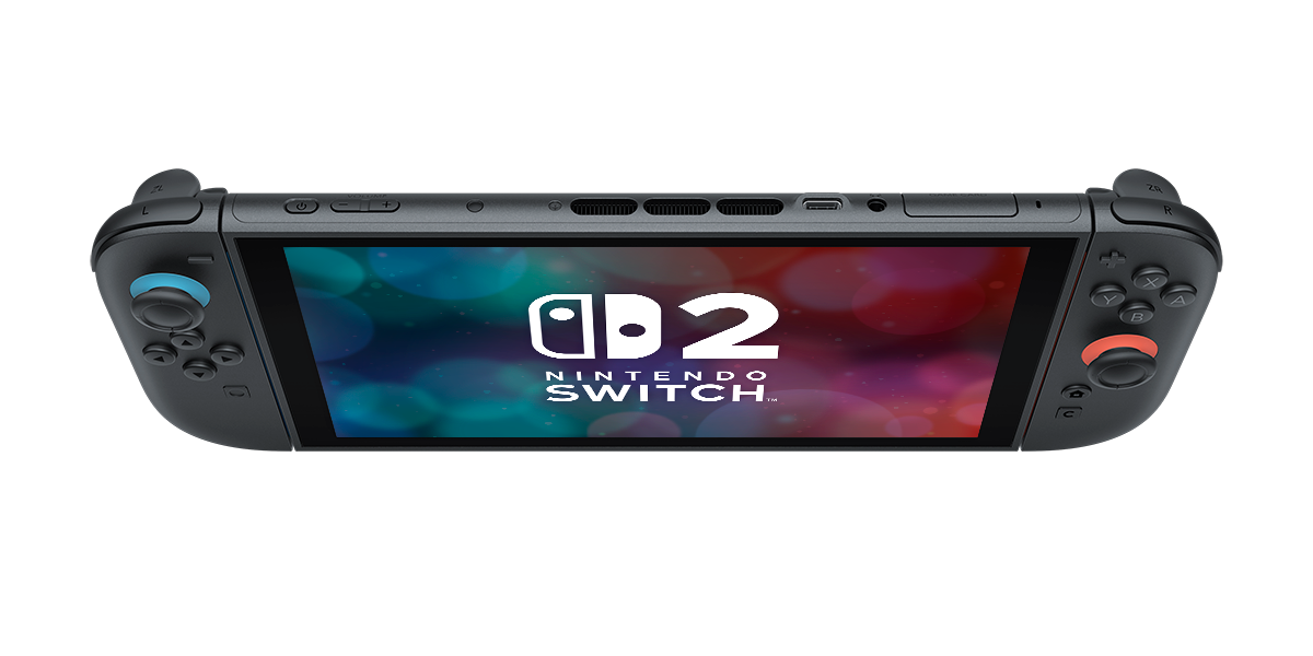 Una consola Nintendo Switch, con una pantalla que muestra el logotipo de Nintendo Switch. Los mandos son negros con detalles azules y naranjas.