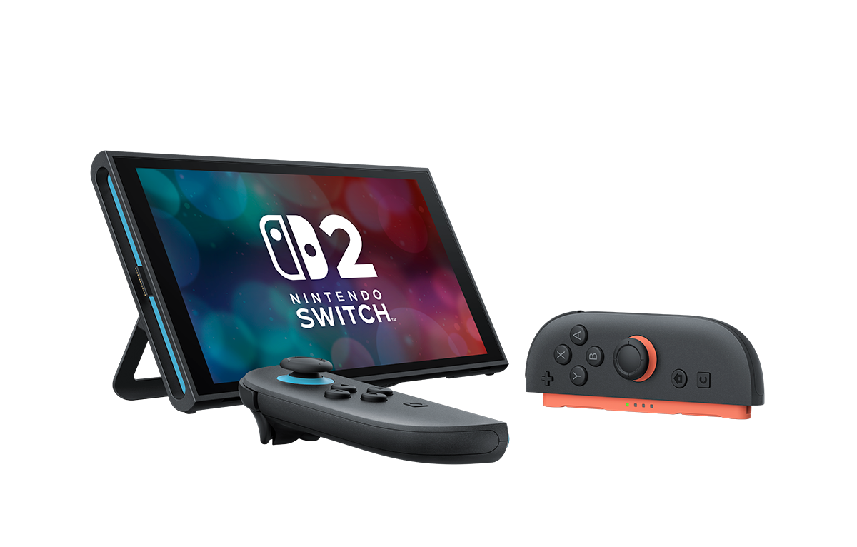 Consola Nintendo Switch, dos mandos y un soporte Joy-Con sobre fondo negro.