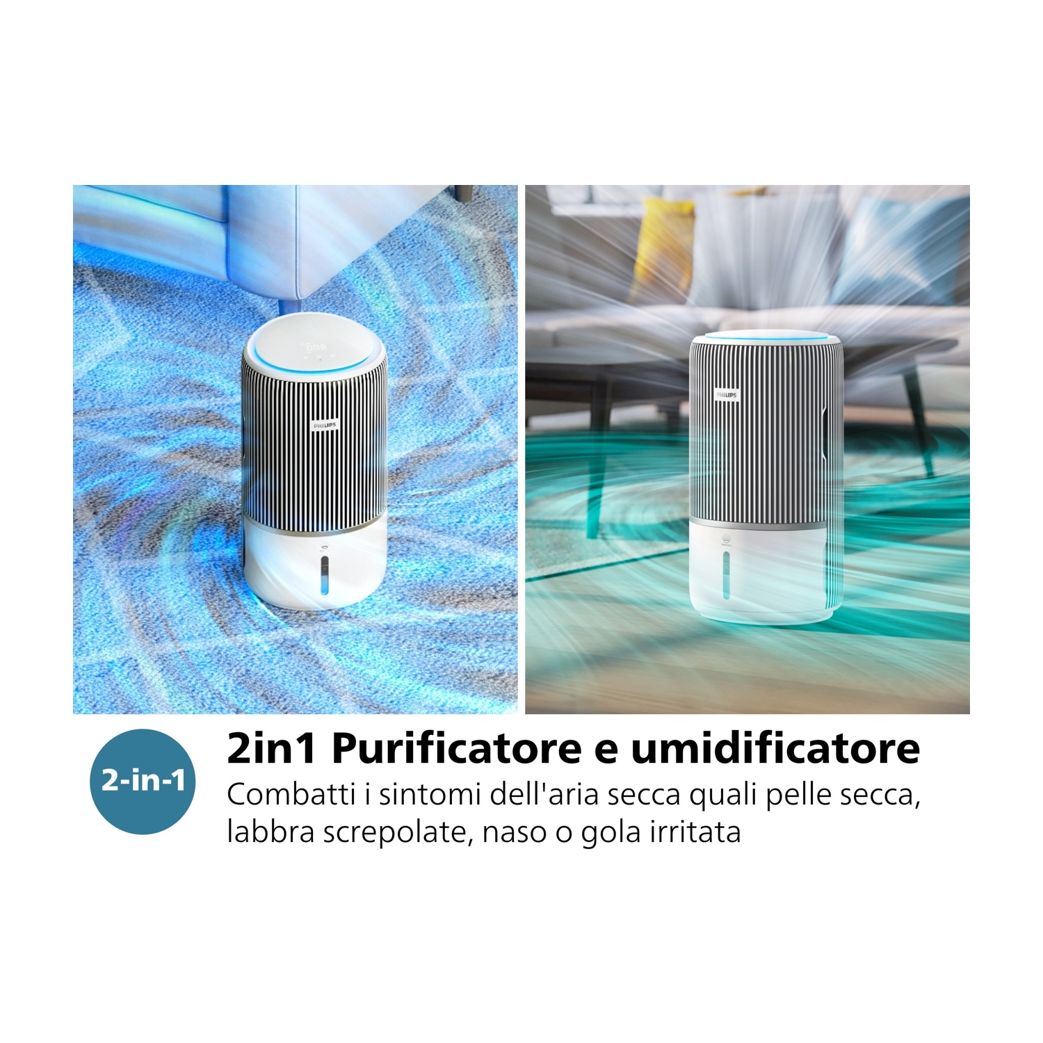 Combinazione purificatore-umidificatore, che mostra il dispositivo e il testo correlato.