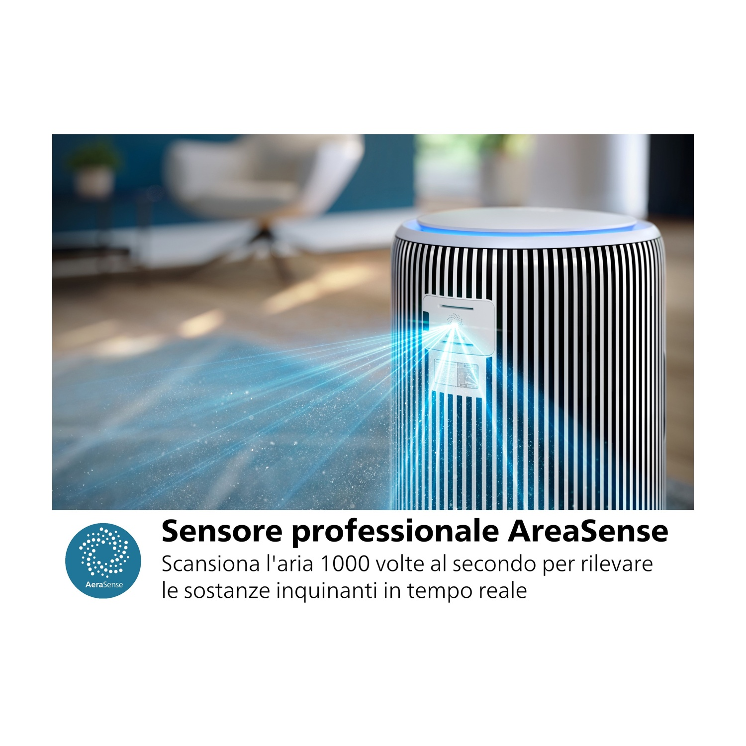 Un purificatore d'aria con testo: Sensore professionale AreaSense. Mostra un raggio di luce.